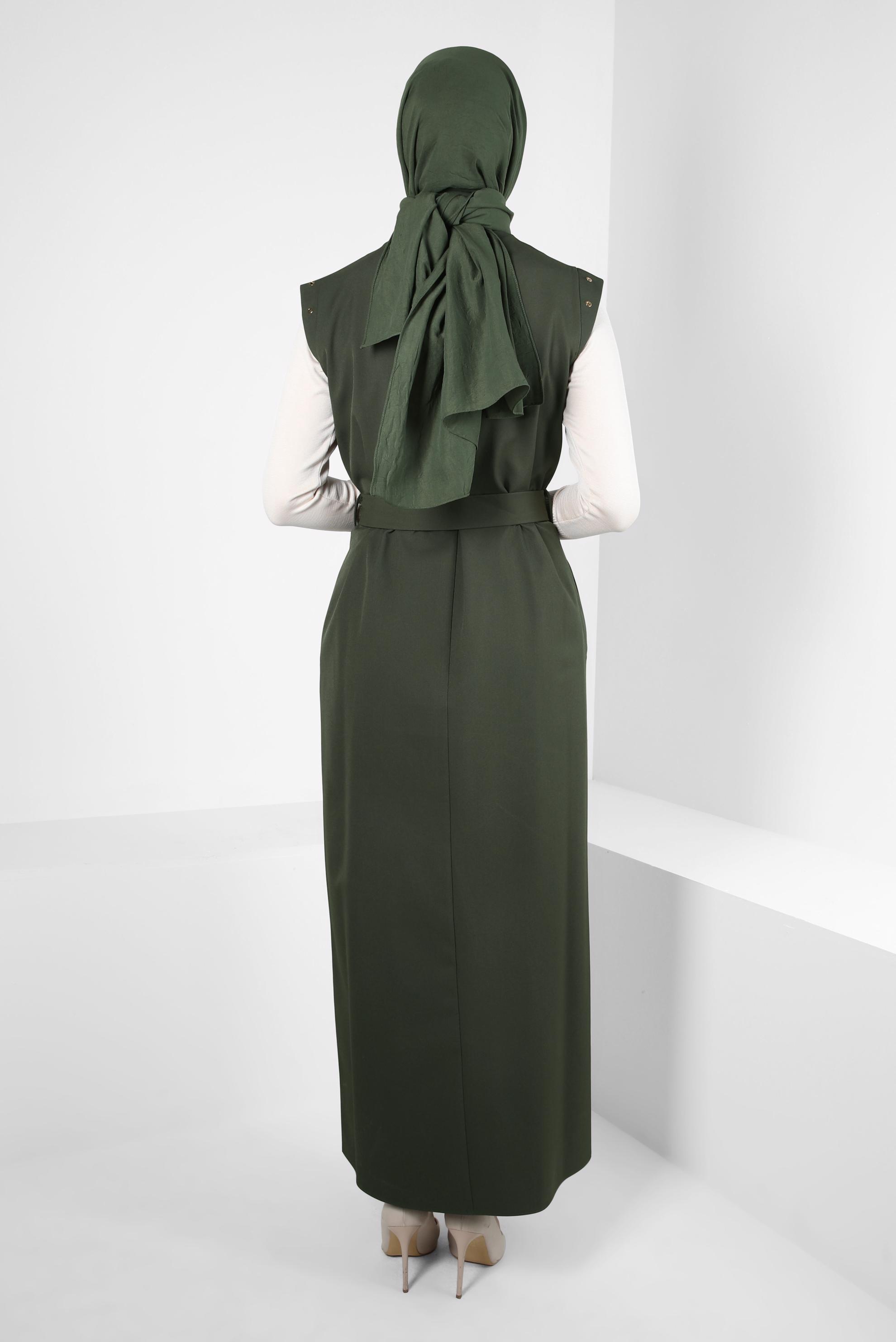 Tesettür giyim HAKİ KEMERLİ JİLE ELBİSE 44252