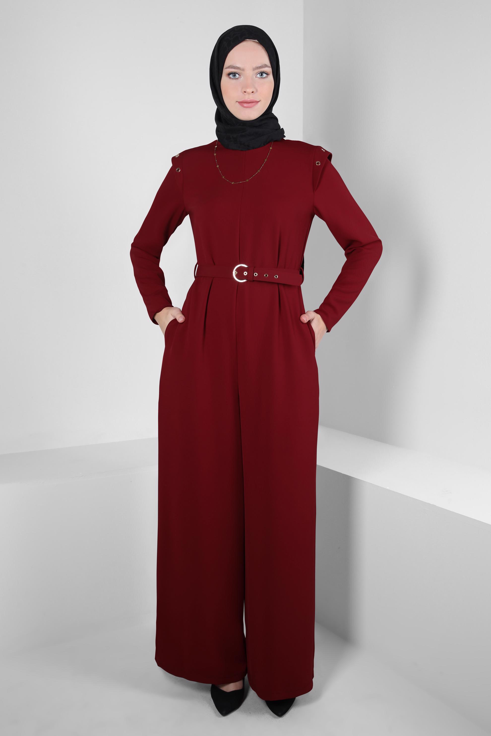 Tesettür giyim KIRMIZI KEMERLİ TULUM 44253