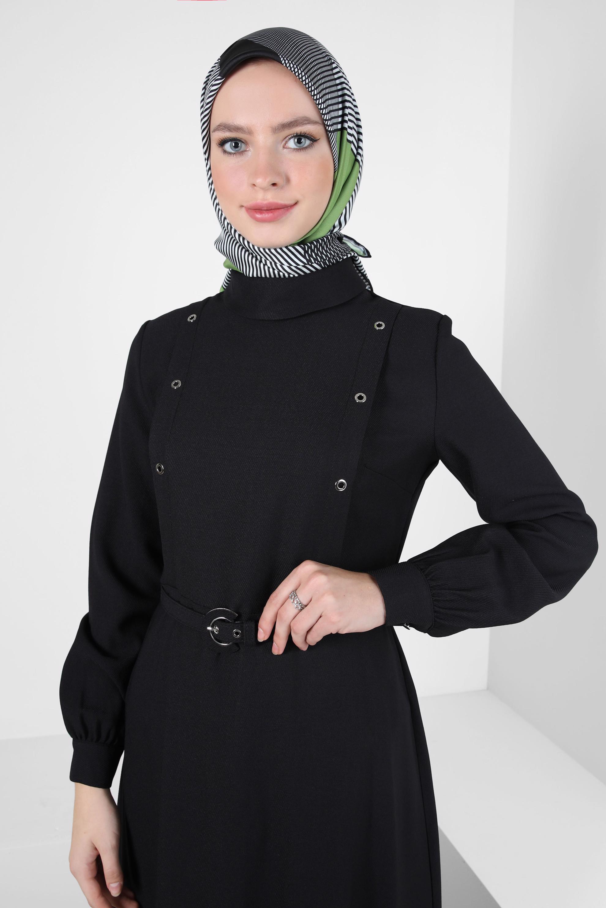 Tesettür giyim SİYAH KEMERLİ ELBİSE 44254