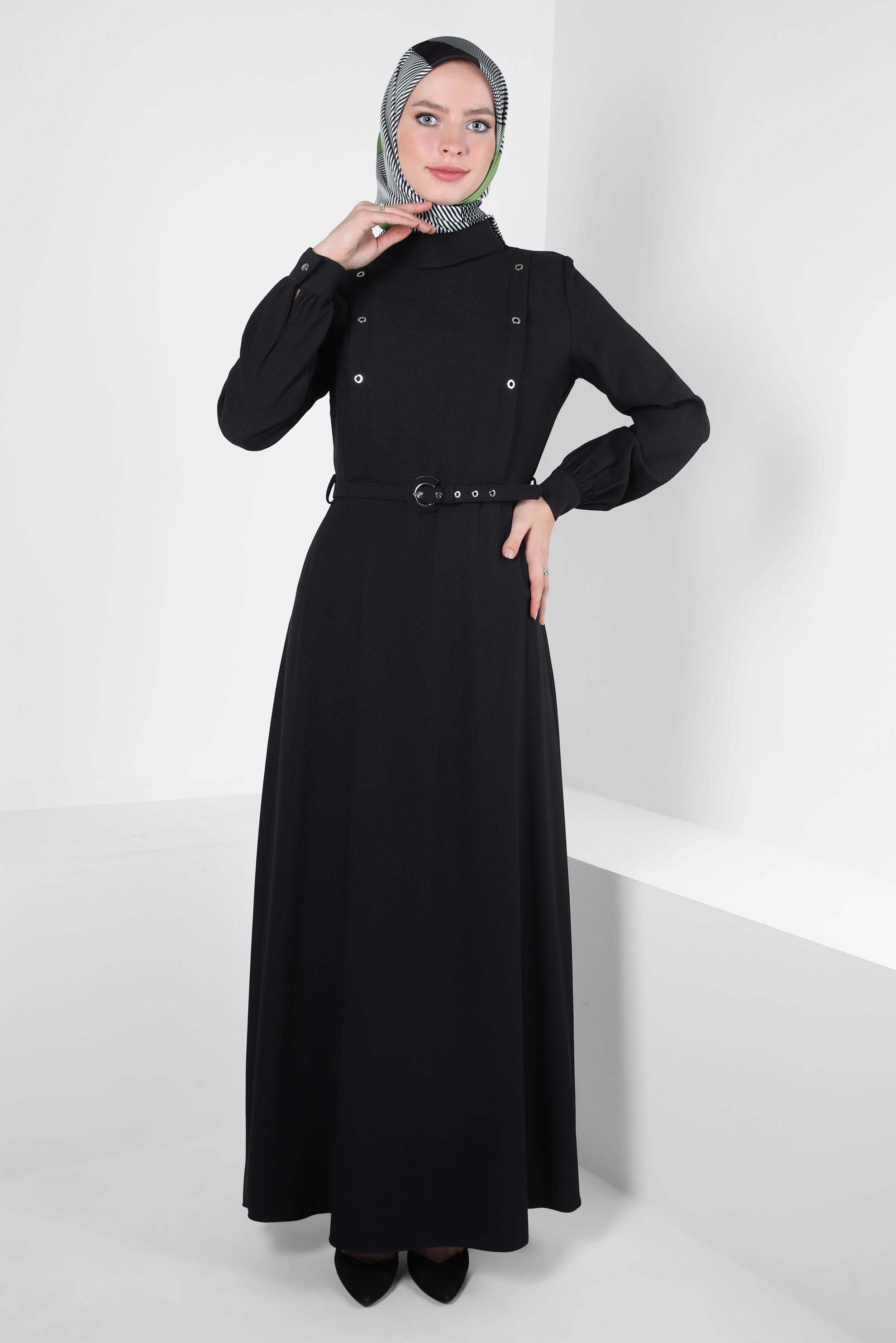 Tesettür giyim SİYAH KEMERLİ ELBİSE 44254