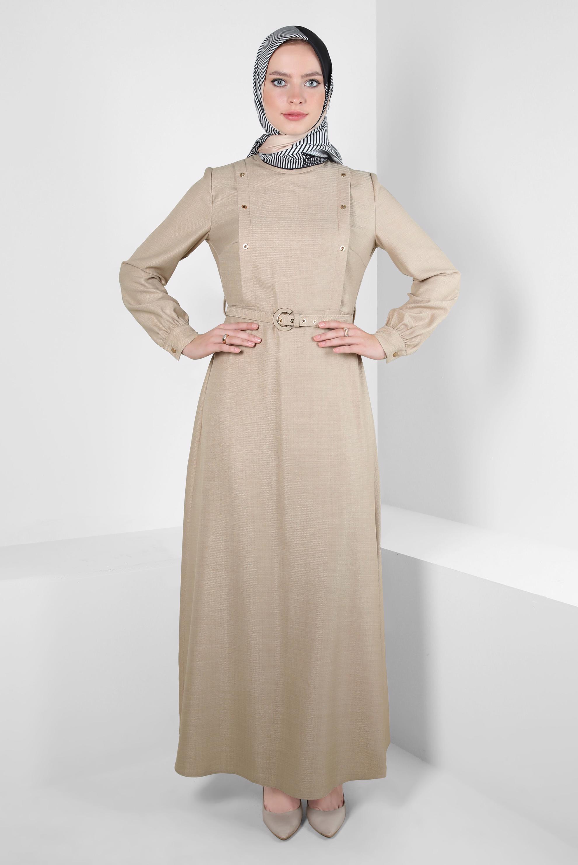 Tesettür giyim BEJ KEMERLİ ELBİSE 44254