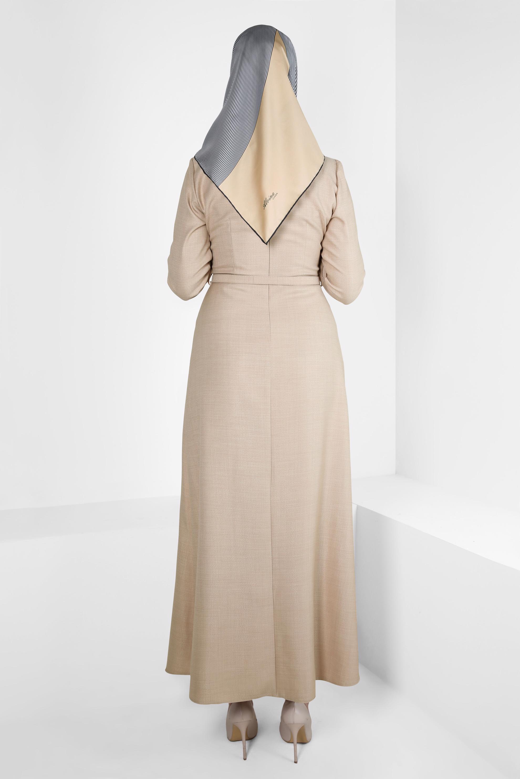 Tesettür giyim BEJ KEMERLİ ELBİSE 44254