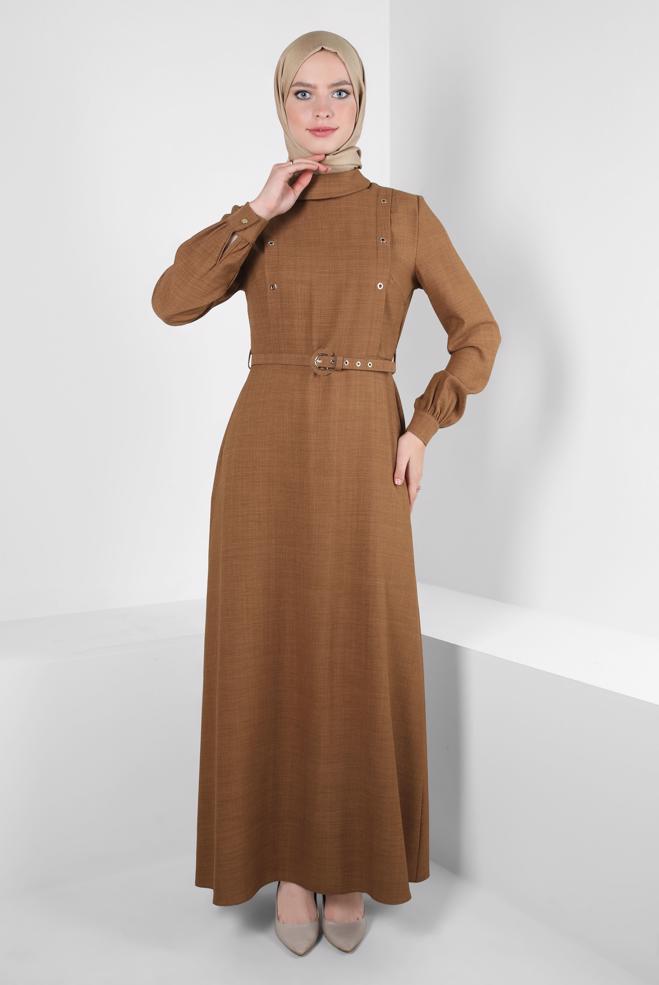 Tesettür giyim KAHVE KEMERLİ ELBİSE 44254 - ALVİNA