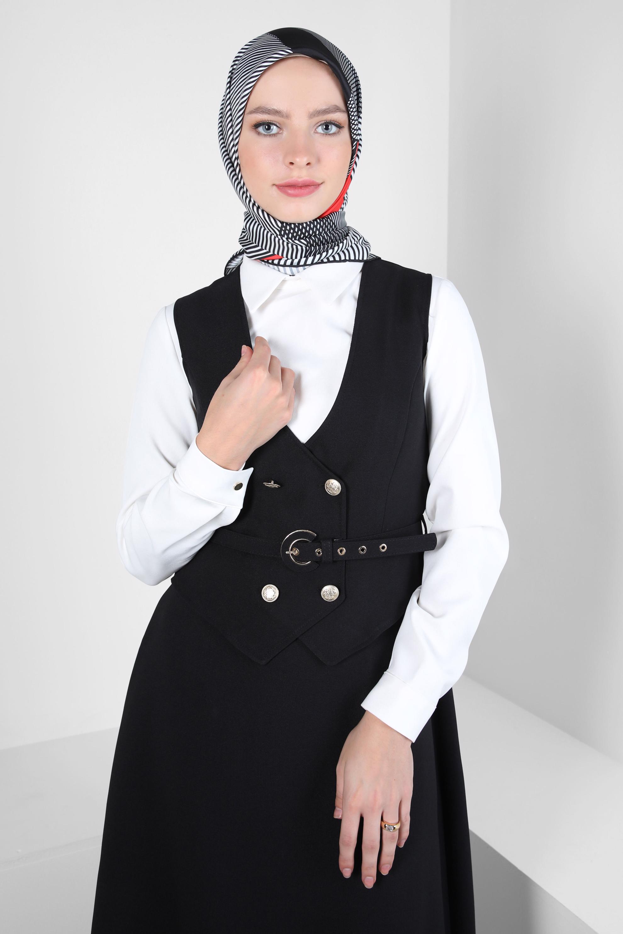 Tesettür giyim SİYAH KEMERLİ JİLE ELBİSE 44272