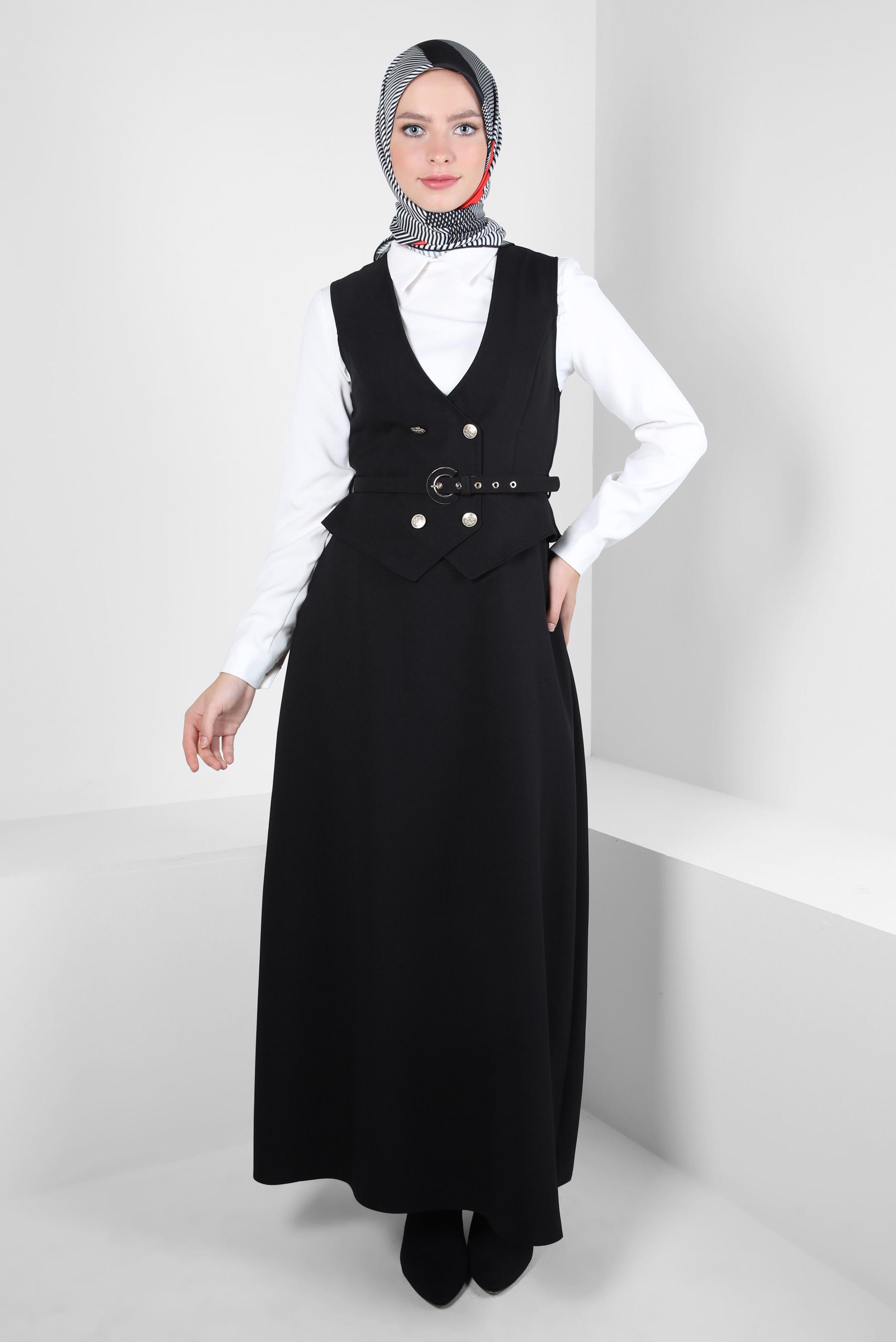 Tesettür giyim SİYAH KEMERLİ JİLE ELBİSE 44272