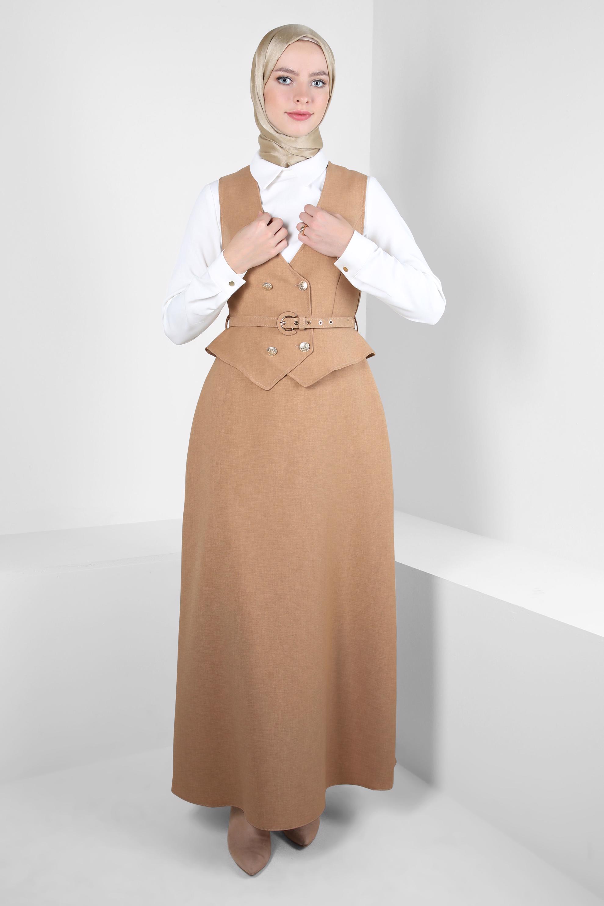 Tesettür giyim BEJ KEMERLİ JİLE ELBİSE 44272