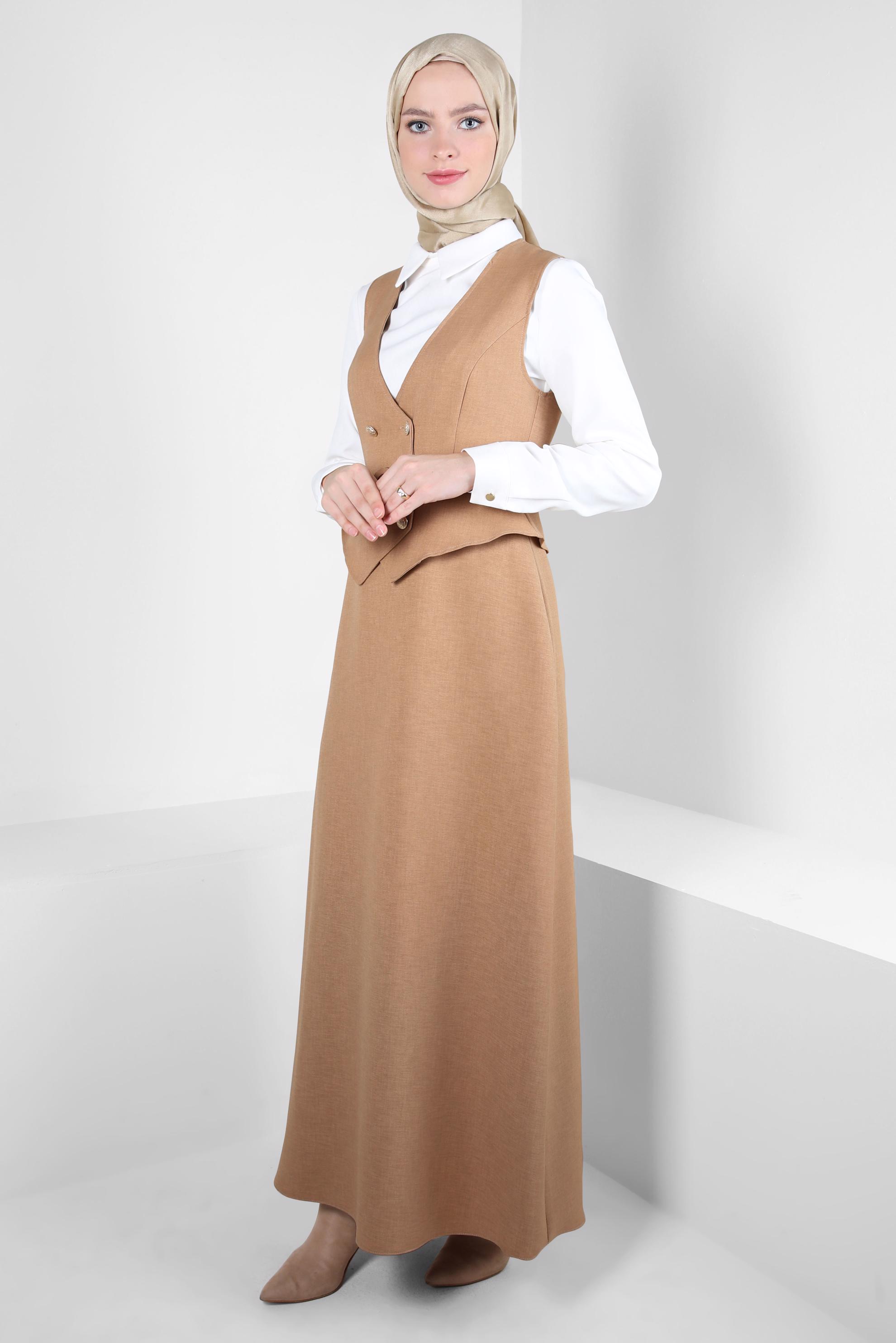 Tesettür giyim BEJ KEMERLİ JİLE ELBİSE 44272