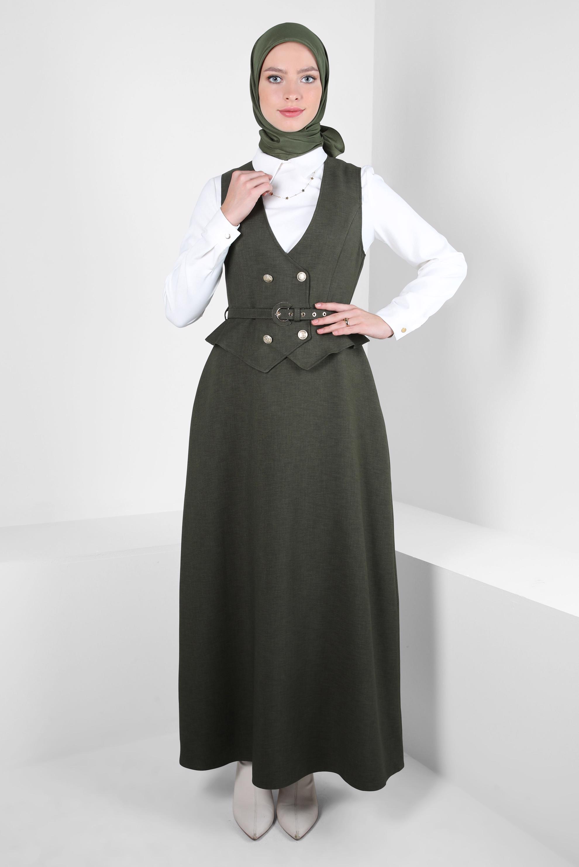 Tesettür giyim HAKİ KEMERLİ JİLE ELBİSE 44272