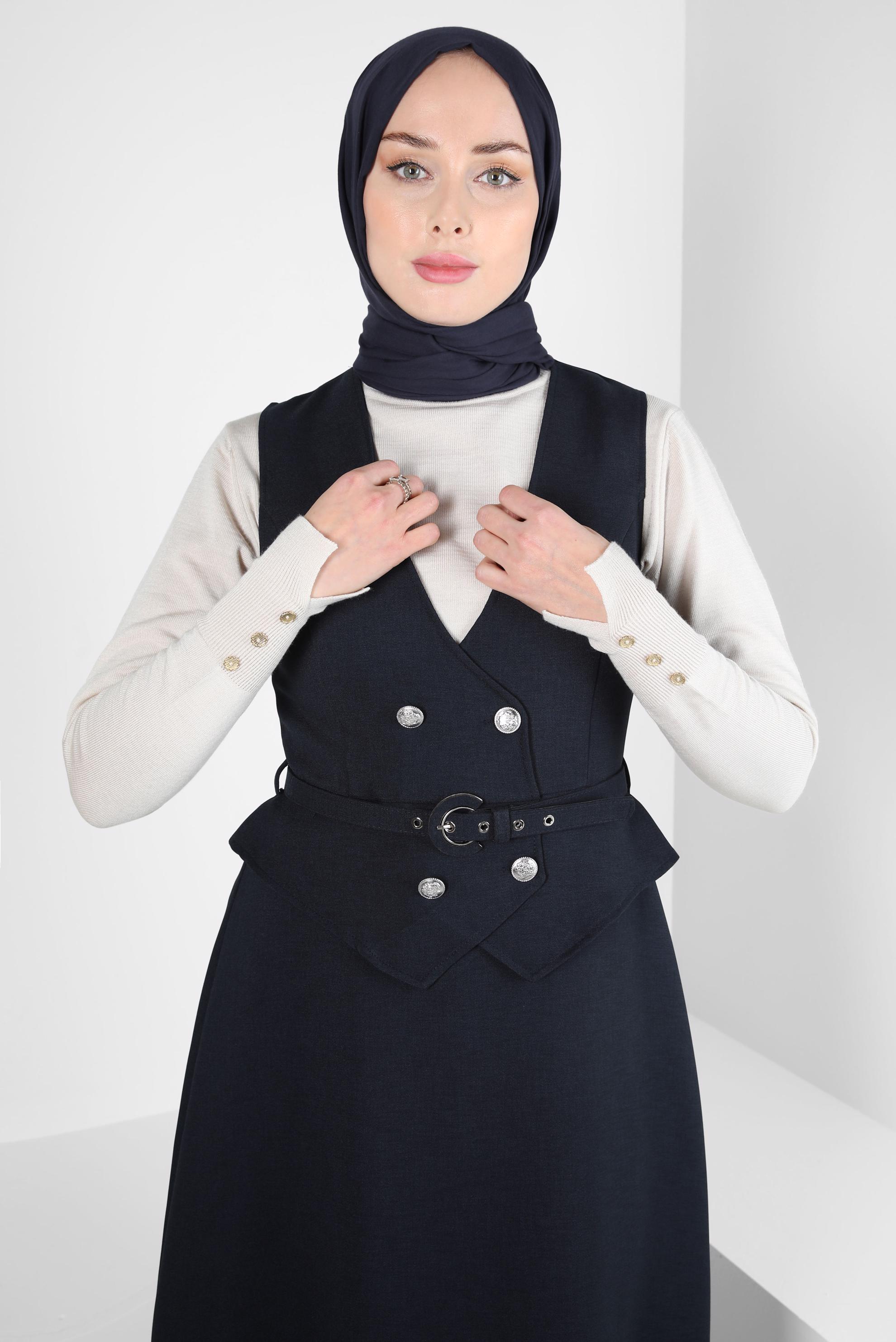 Tesettür giyim LACİVERT KEMERLİ JİLE ELBİSE 44272