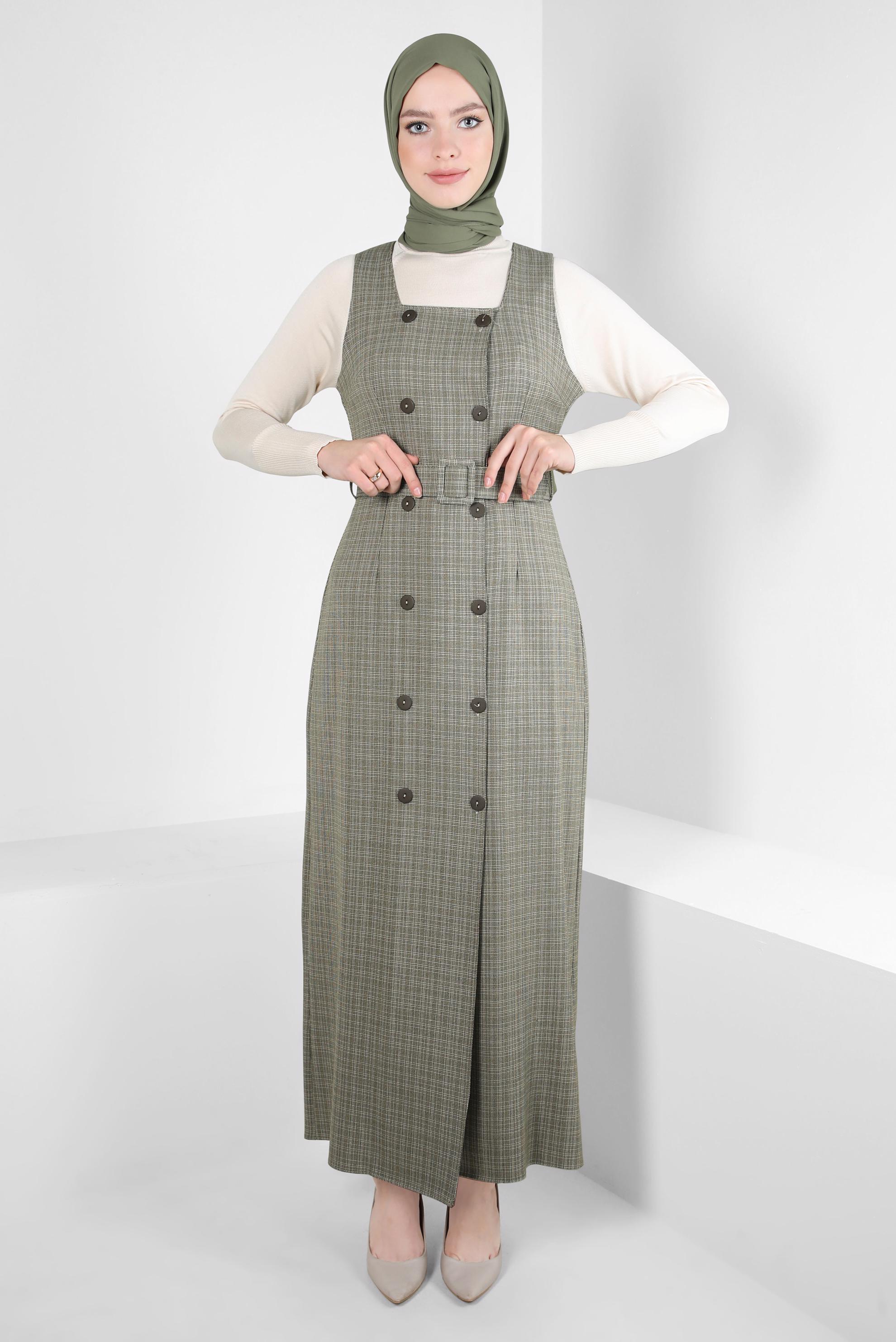 Tesettür giyim HAKİ KEMERLİ JİLE ELBİSE 44279