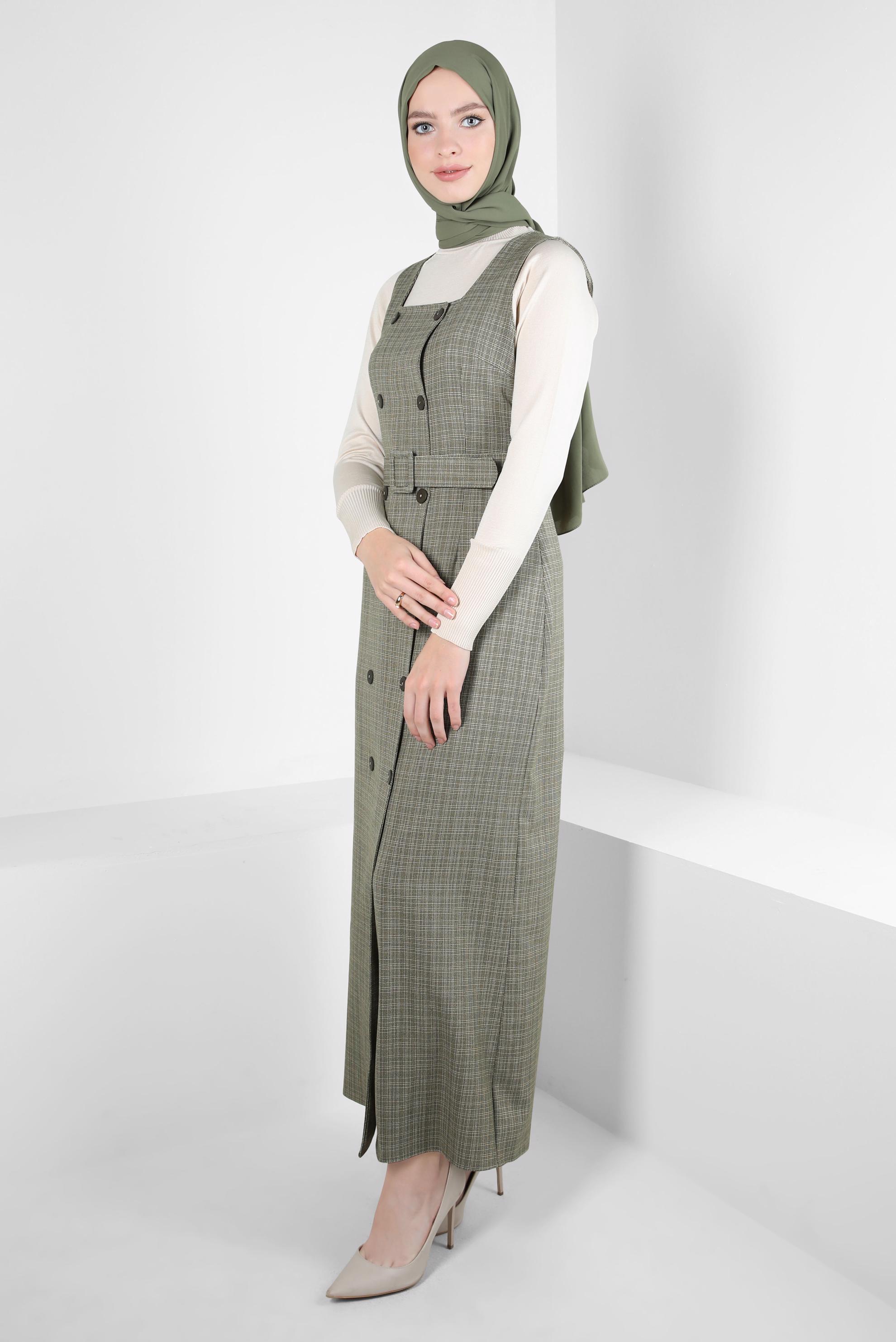 Tesettür giyim HAKİ KEMERLİ JİLE ELBİSE 44279