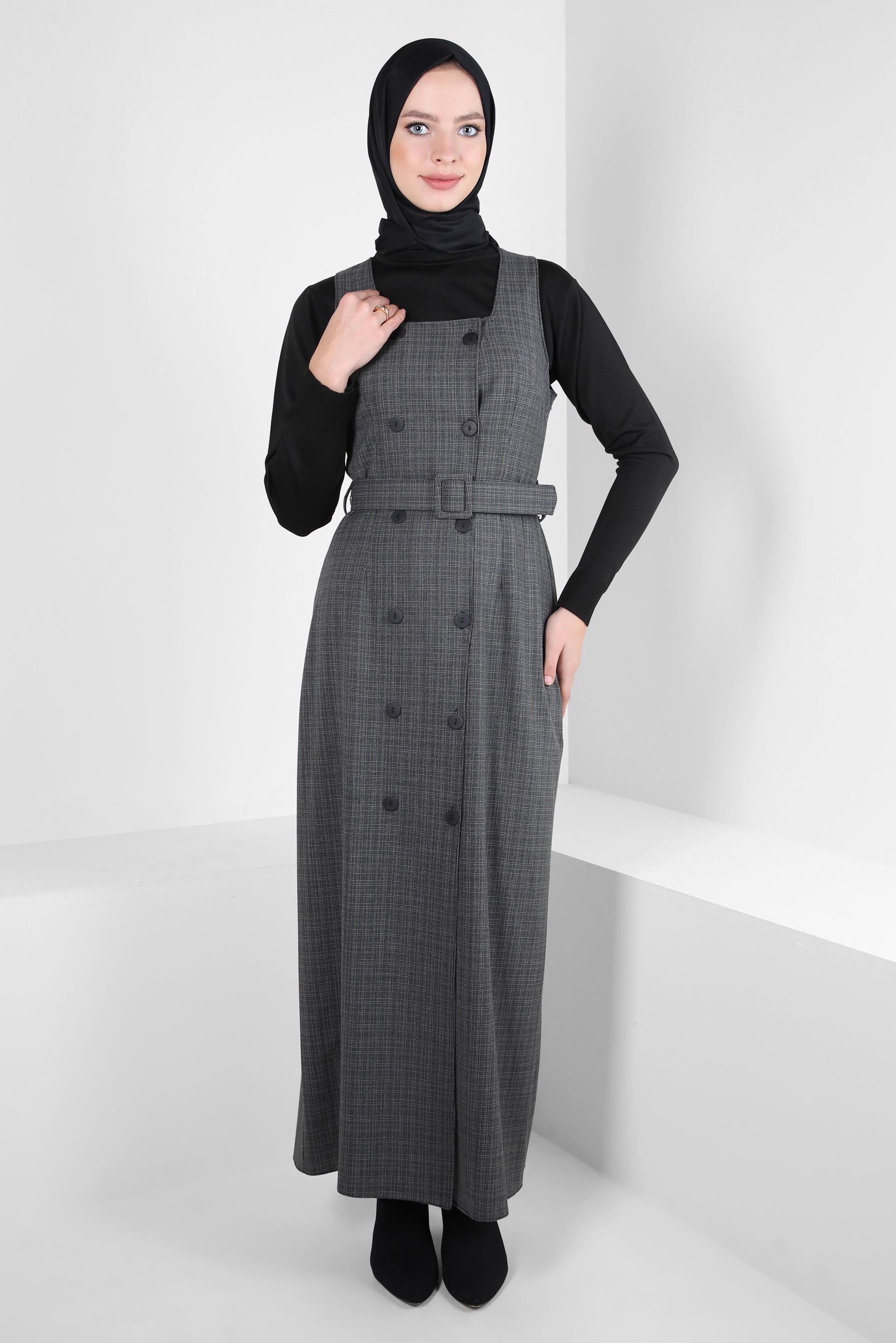 Tesettür giyim GRİ KEMERLİ JİLE ELBİSE 44279
