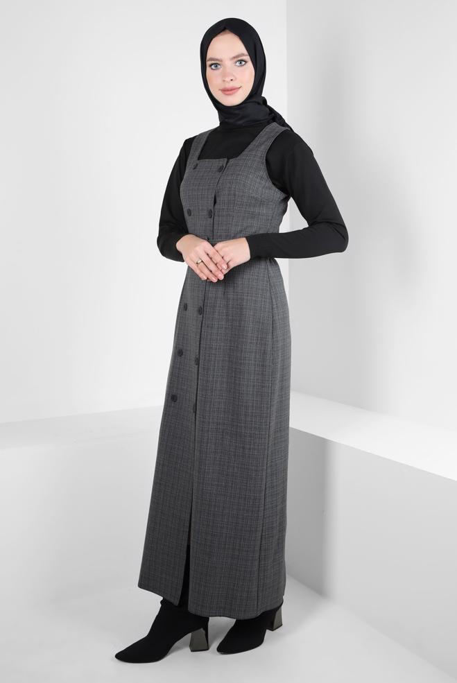 Tesettür giyim GRİ KEMERLİ JİLE ELBİSE 44279 - ALVİNA