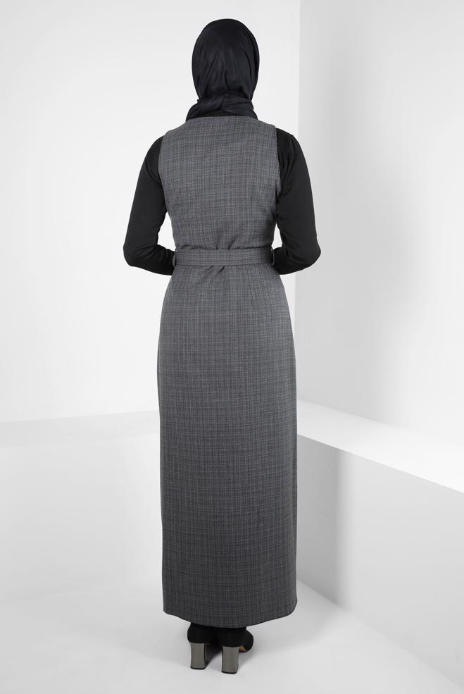 Tesettür giyim GRİ KEMERLİ JİLE ELBİSE 44279 - ALVİNA