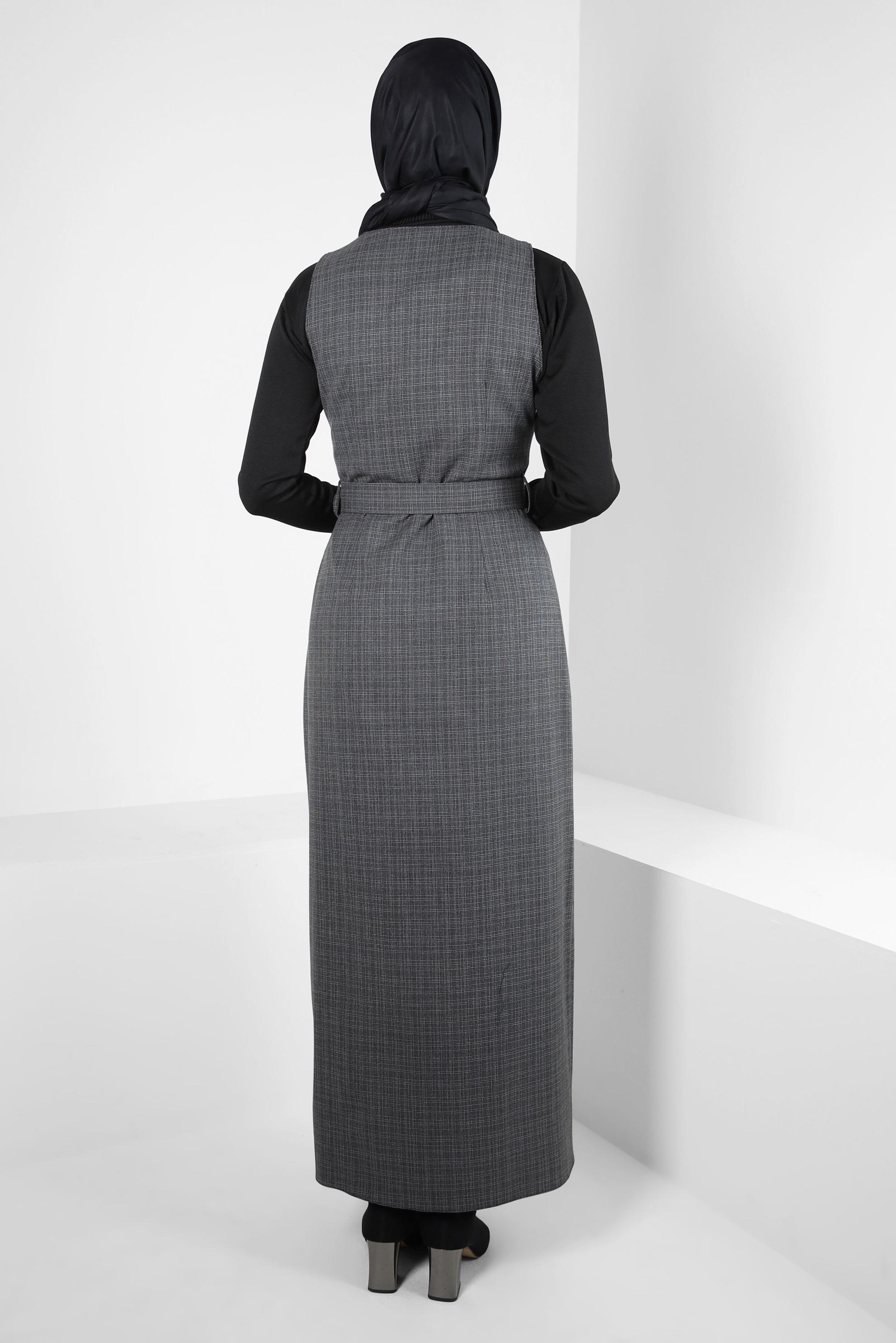 Tesettür giyim GRİ KEMERLİ JİLE ELBİSE 44279