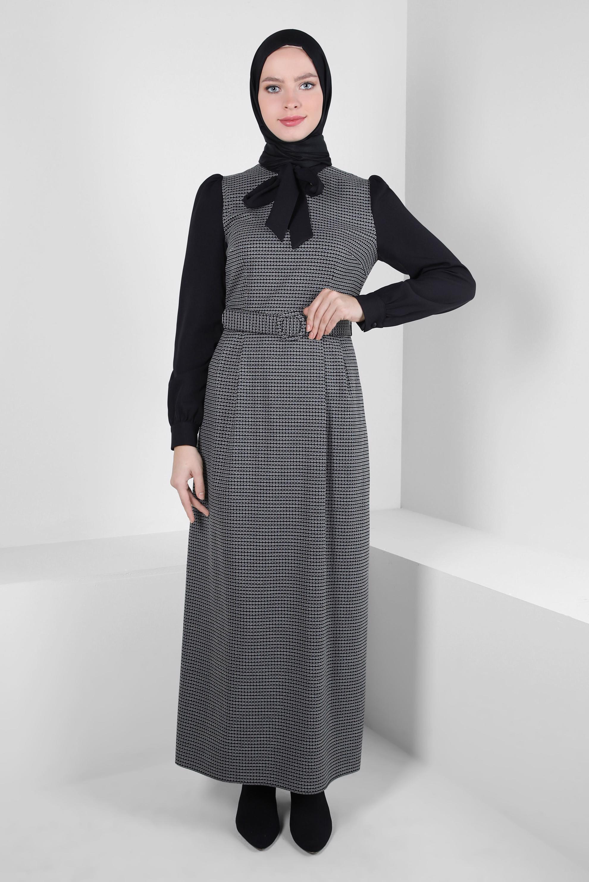 Tesettür giyim SİYAH DESENLİ KEMERLİ ELBİSE 44280-1