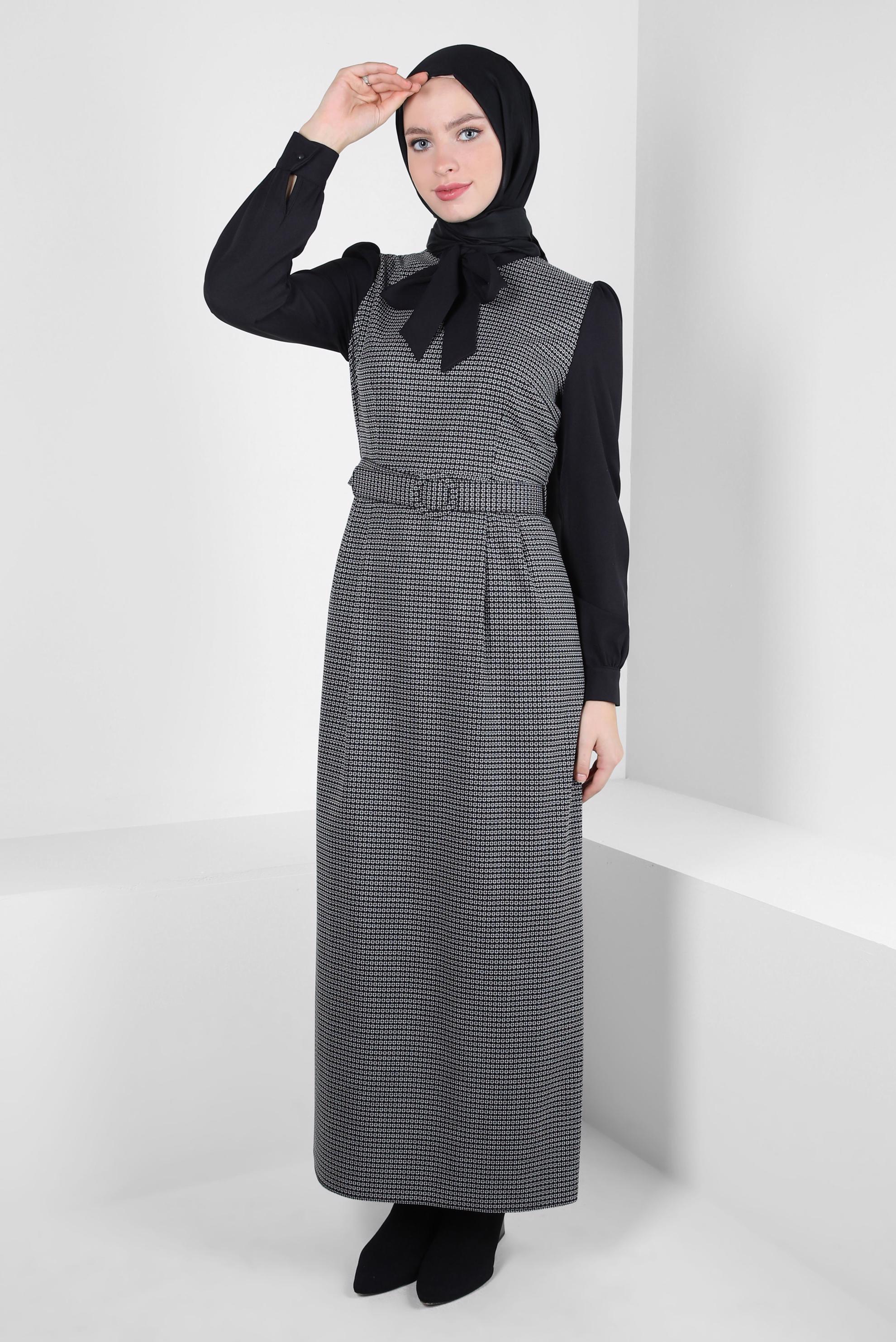 Tesettür giyim SİYAH DESENLİ KEMERLİ ELBİSE 44280-1