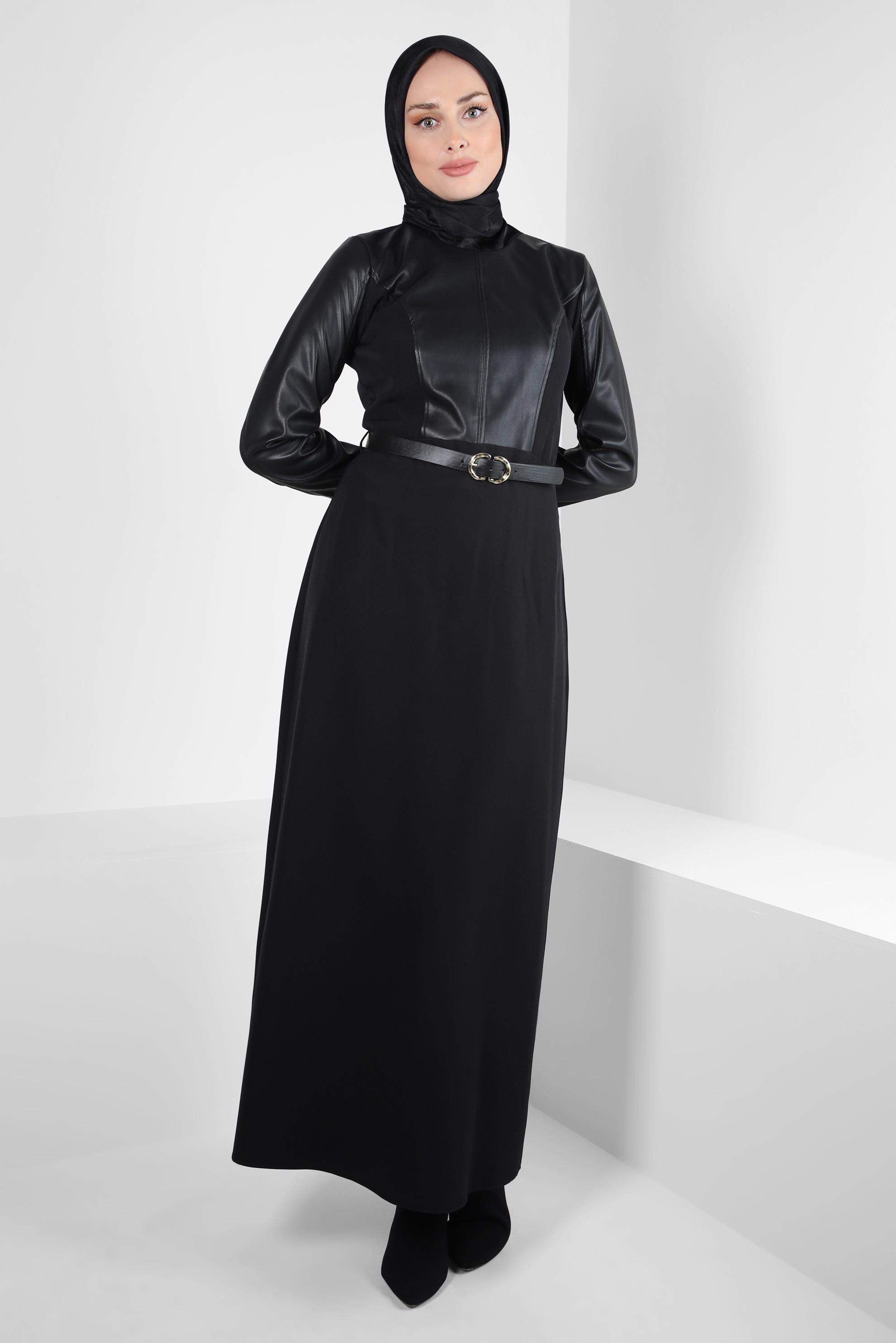 Tesettür giyim SİYAH KEMERLİ ELBİSE 44296