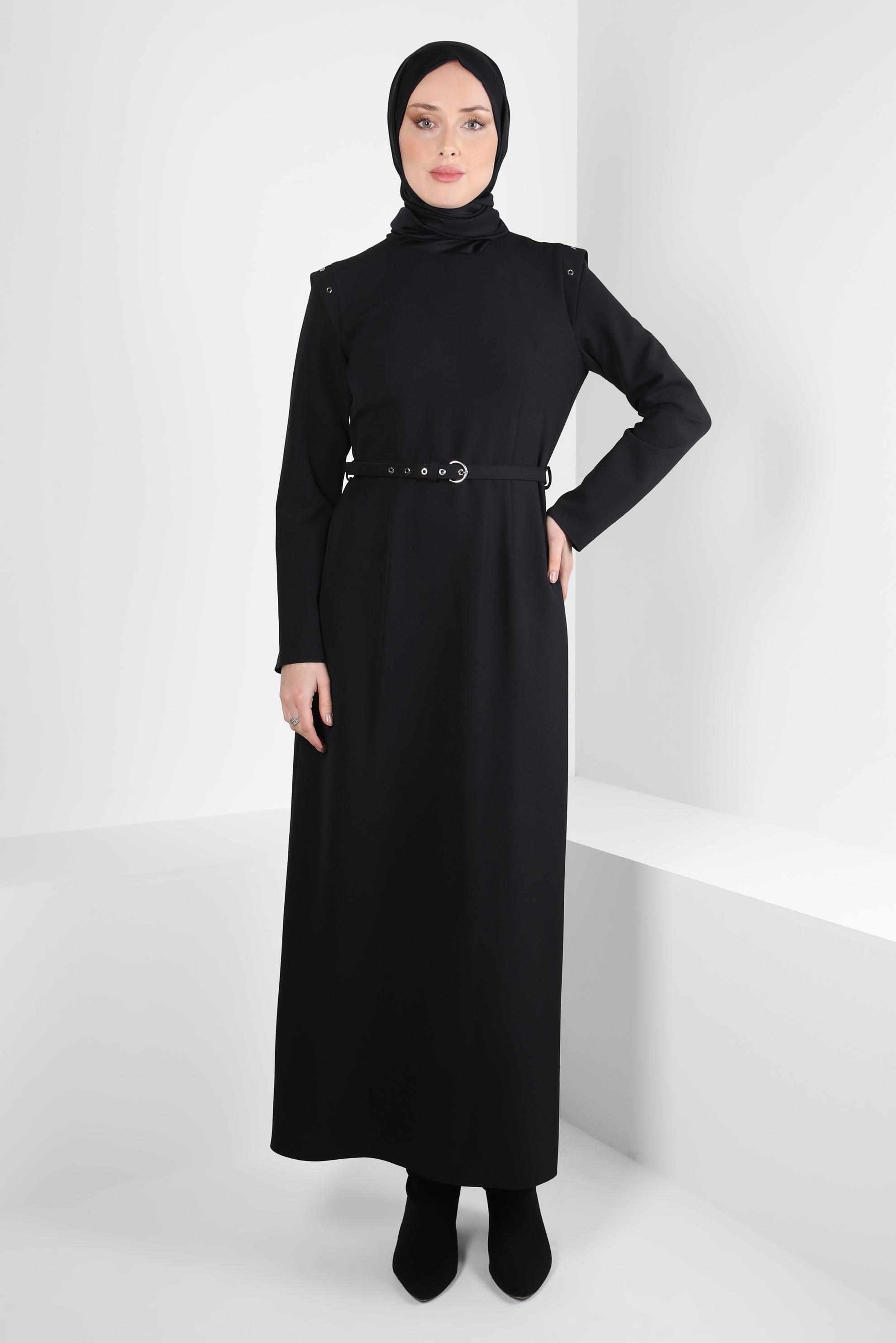 Tesettür giyim SİYAH KUŞGÖZÜ DETAYLI KEMERLİ ELBİSE 44298