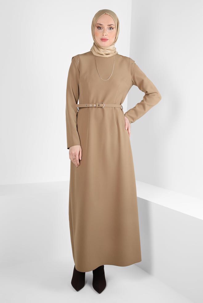 Tesettür giyim BEJ KUŞGÖZÜ DETAYLI KEMERLİ ELBİSE 44298 - ALVİNA