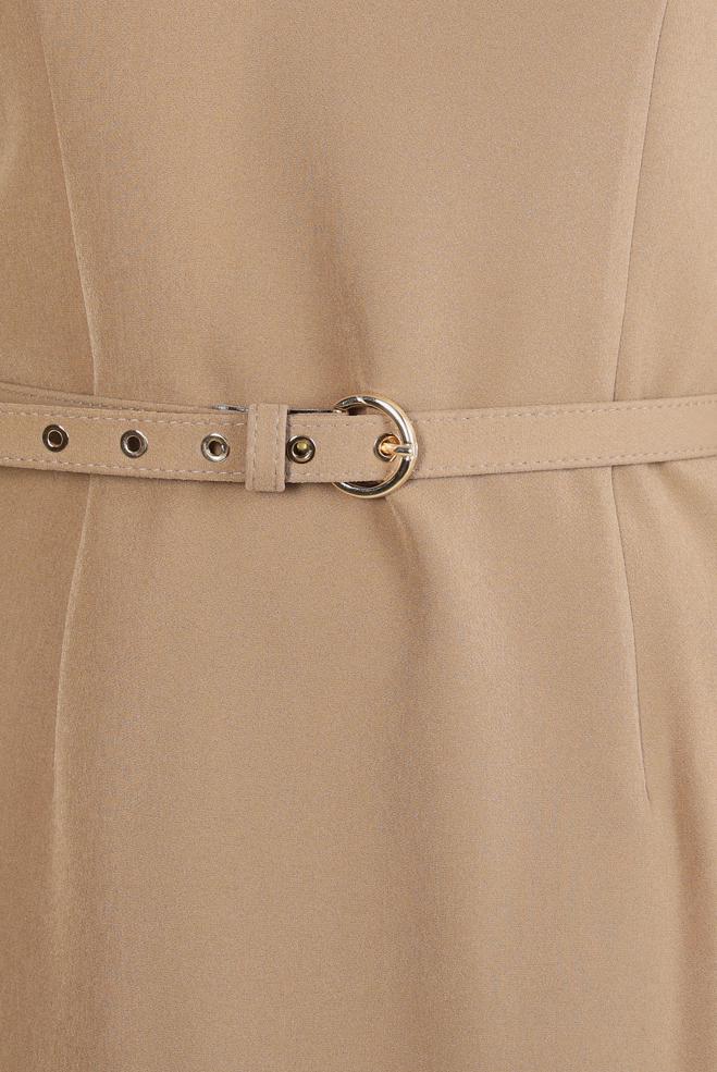 Tesettür giyim BEJ KUŞGÖZÜ DETAYLI KEMERLİ ELBİSE 44298 - ALVİNA