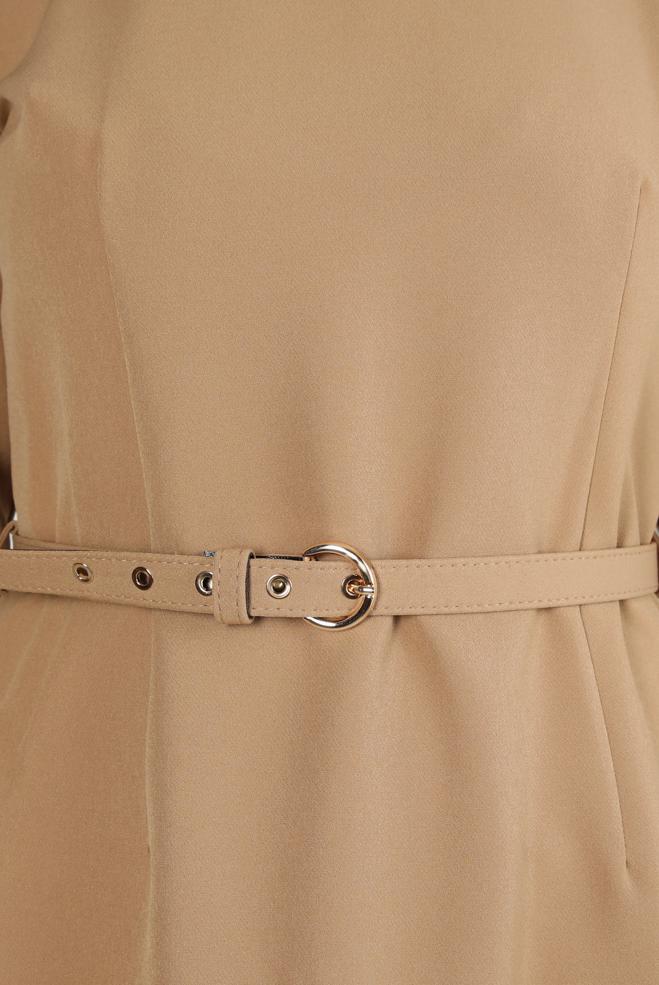 Tesettür giyim KAHVE KUŞGÖZÜ DETAYLI KEMERLİ ELBİSE 44298 - ALVİNA