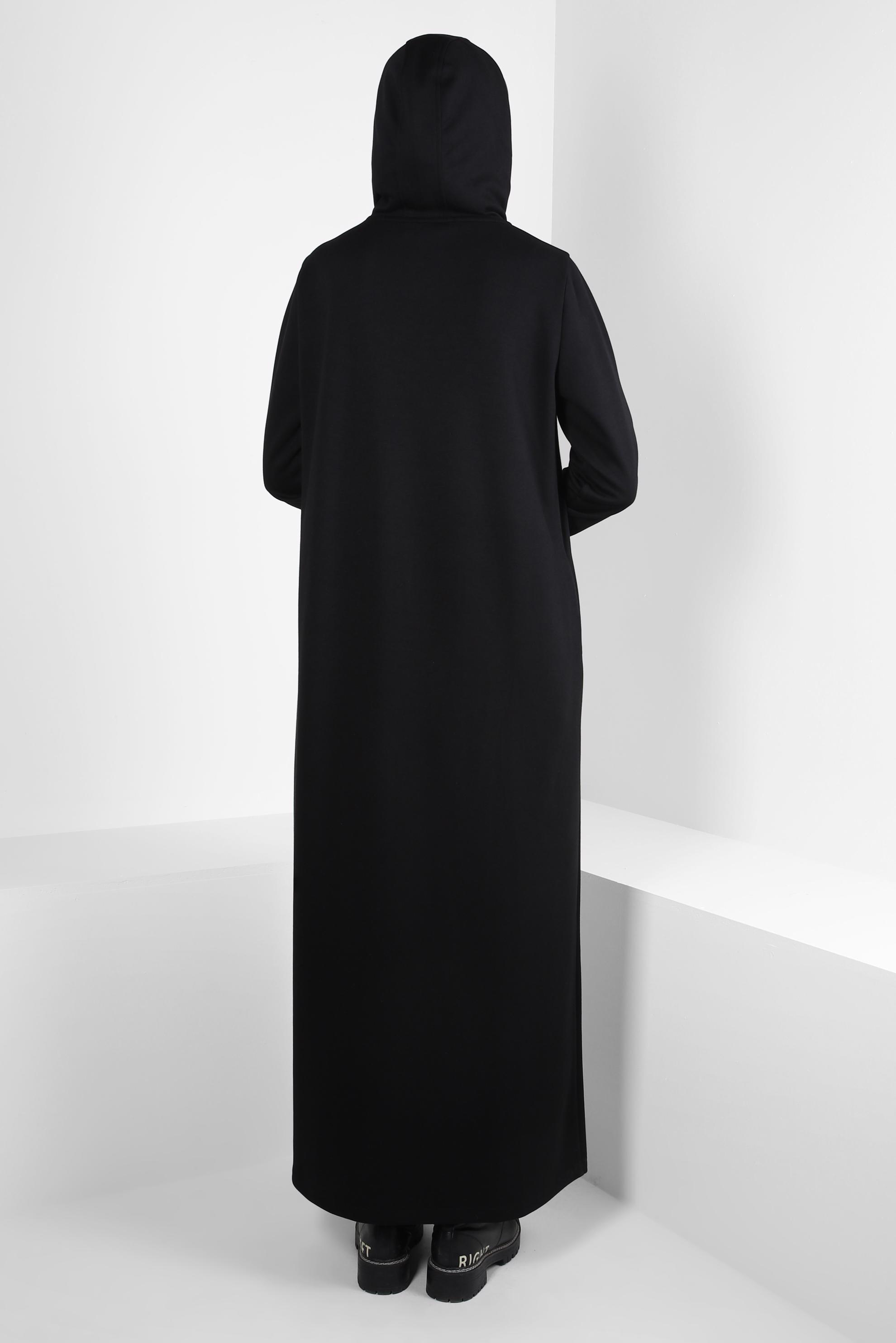 Tesettür giyim SİYAH BASKILI KAPÜŞONLU ELBİSE 44314