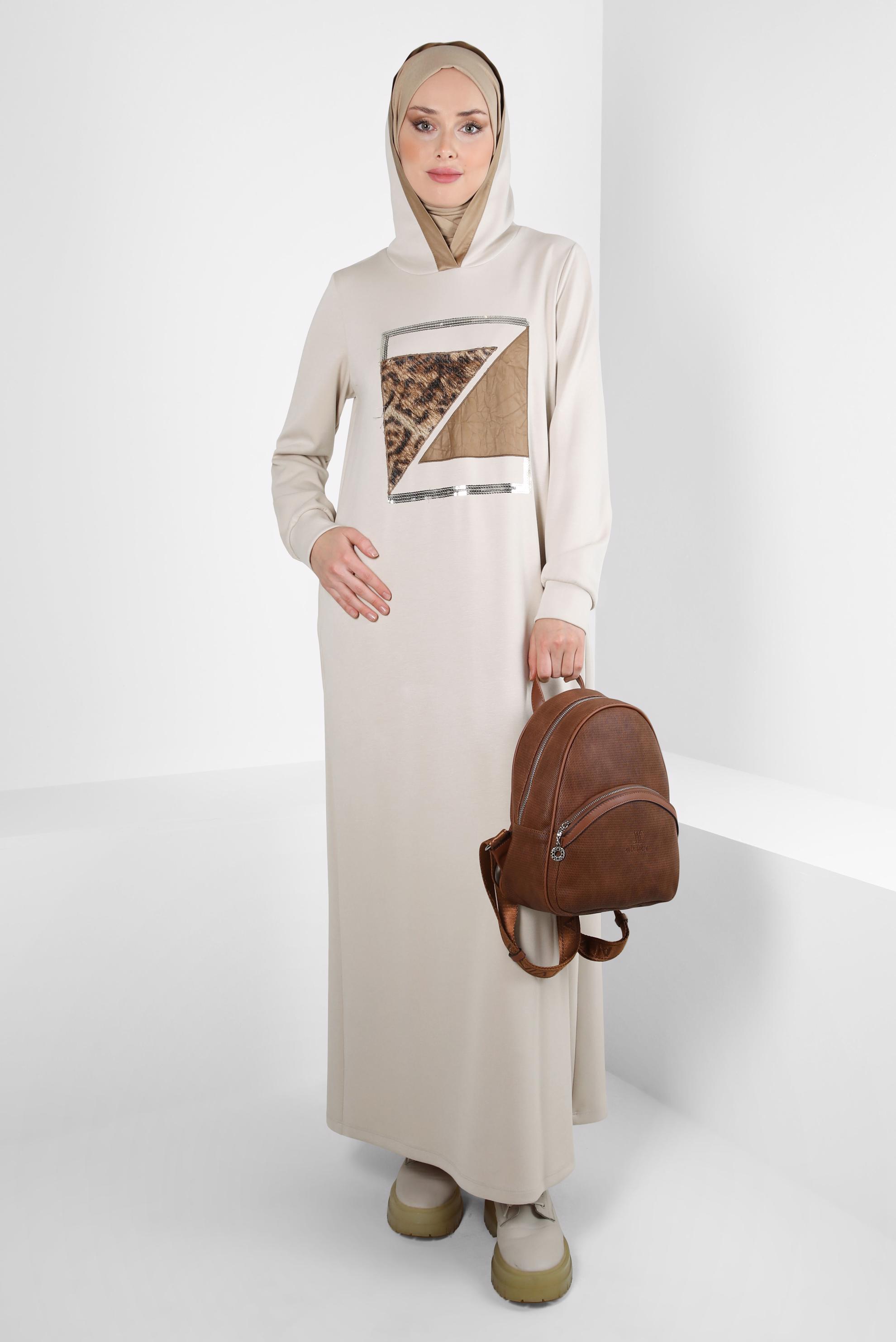 Hijab clothing BEIGE PRINTED DRESS 44314