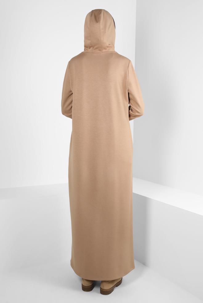 Tesettür giyim KAHVE BASKILI KAPÜŞONLU ELBİSE 44314 - ALVİNA