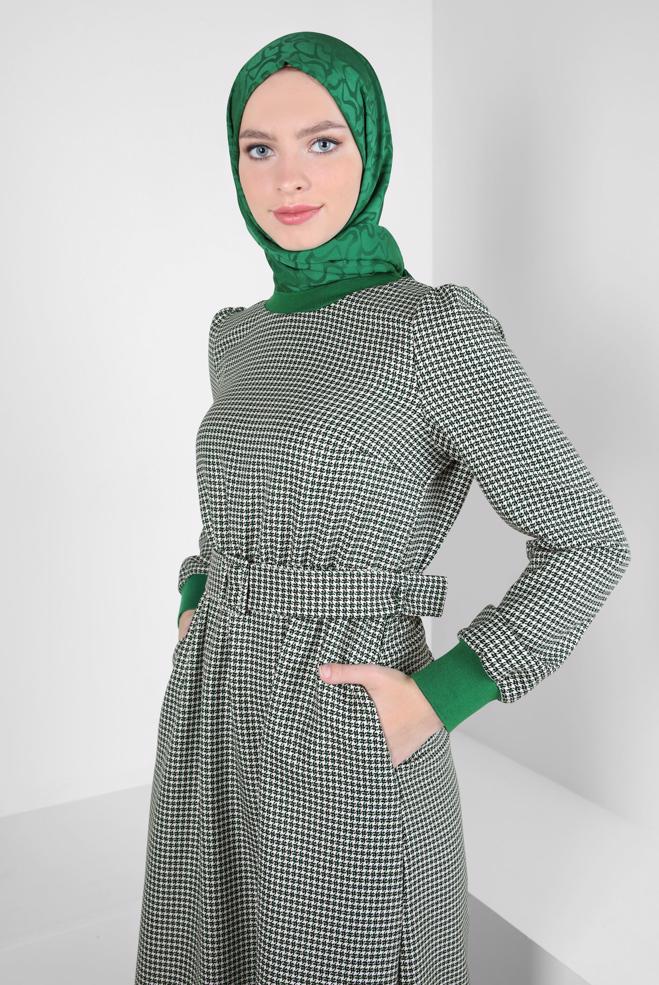 Tesettür giyim YEŞİL KEMERLİ ELBİSE 44332 - ALVİNA