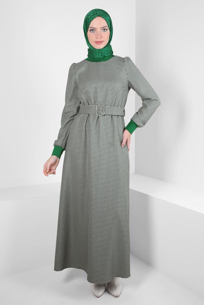Tesettür giyim YEŞİL KEMERLİ ELBİSE 44332 - ALVİNA