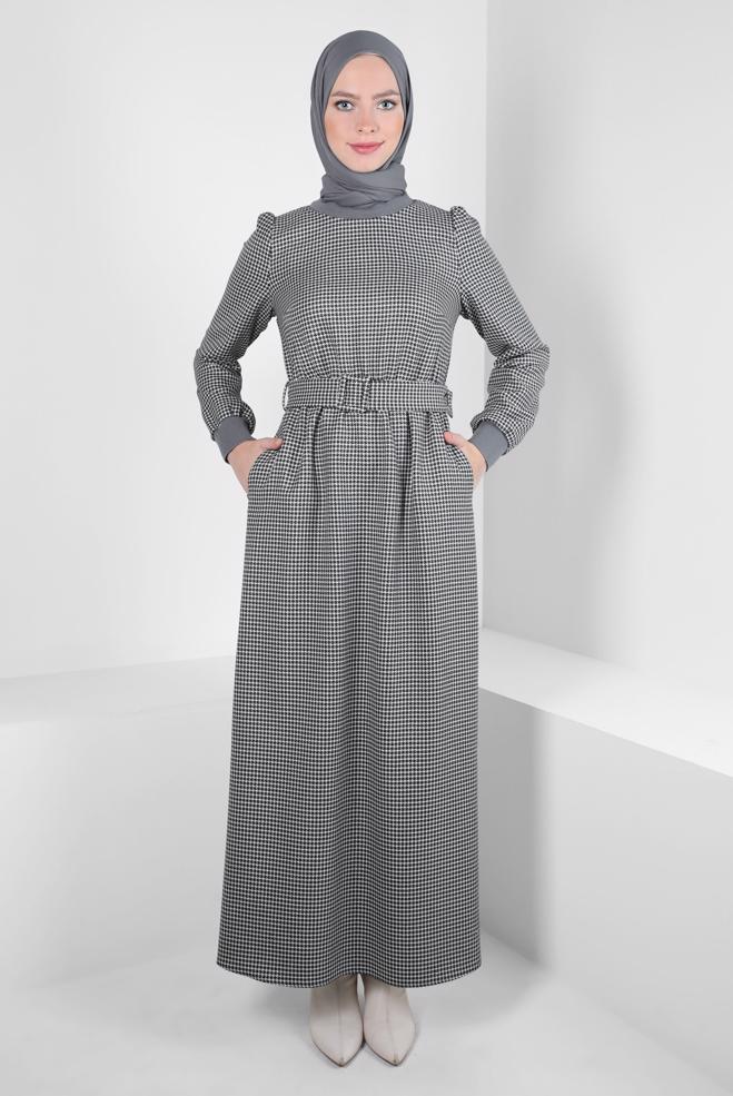 Tesettür giyim GRİ KEMERLİ ELBİSE 44332 - ALVİNA