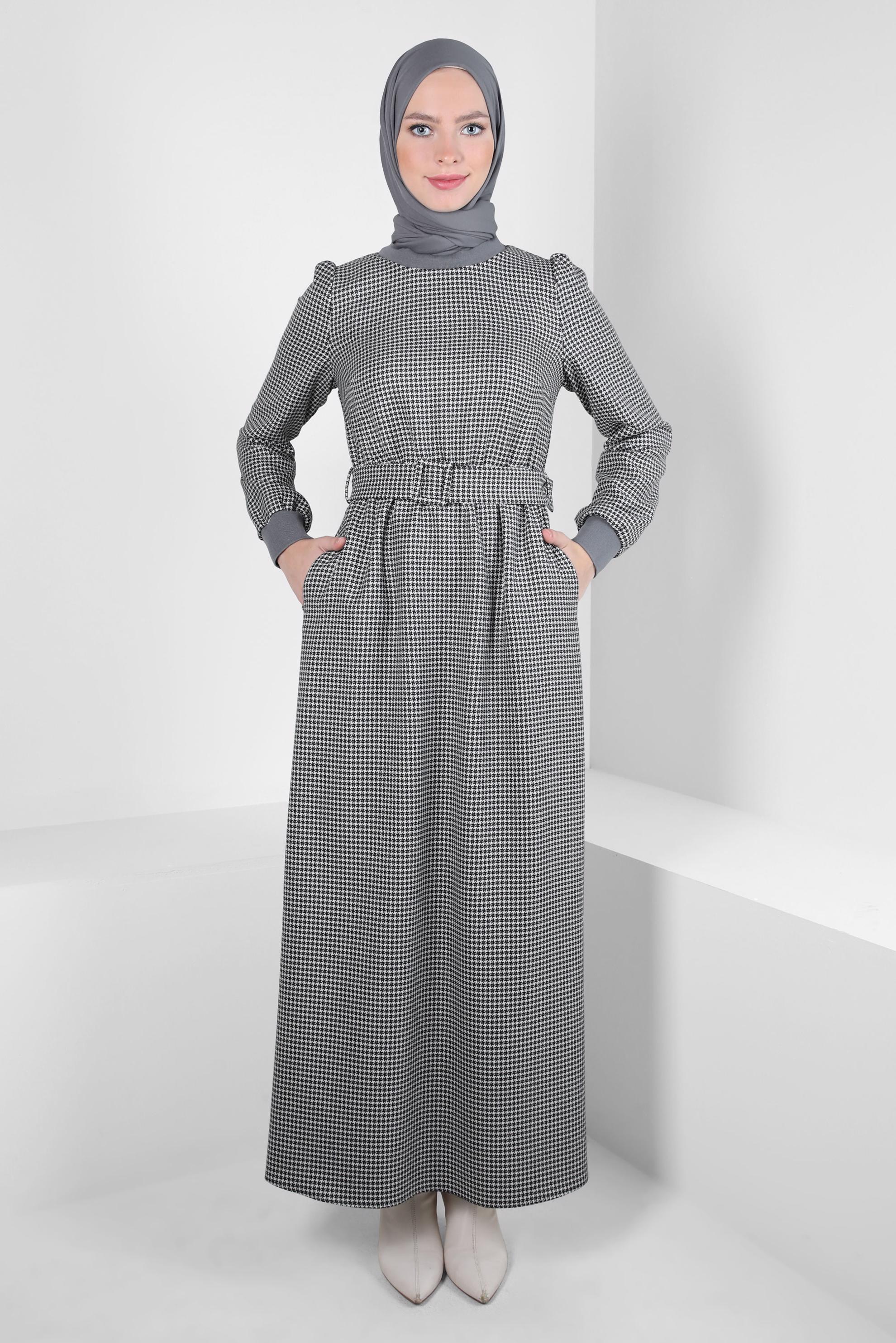 Tesettür giyim GRİ KEMERLİ ELBİSE 44332