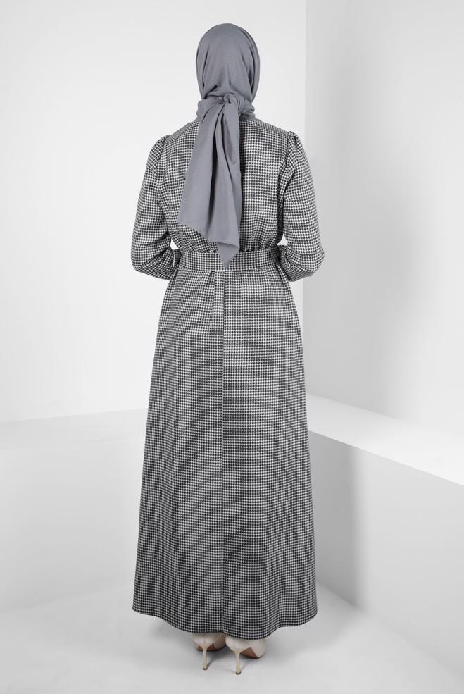 Tesettür giyim GRİ KEMERLİ ELBİSE 44332 - ALVİNA
