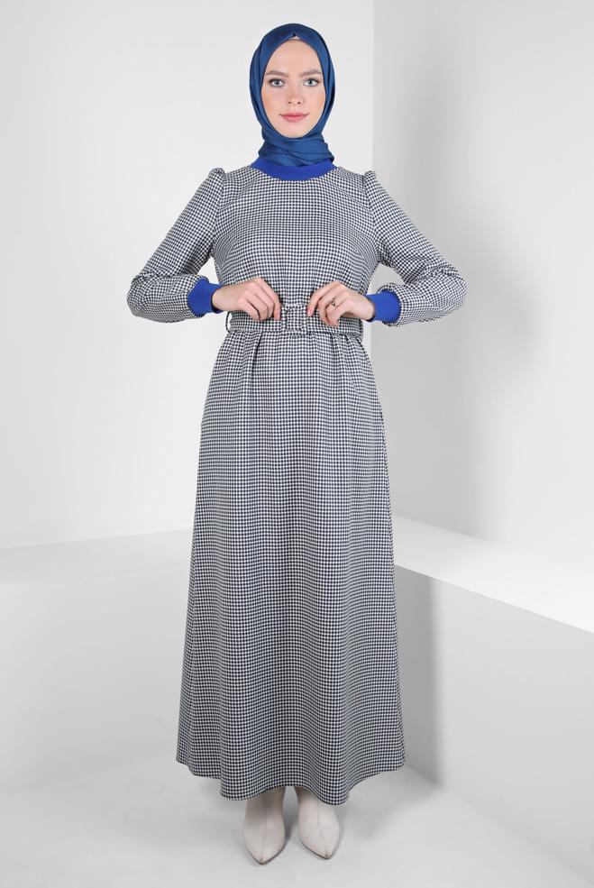 Tesettür giyim LACİVERT KEMERLİ ELBİSE 44332 - ALVİNA