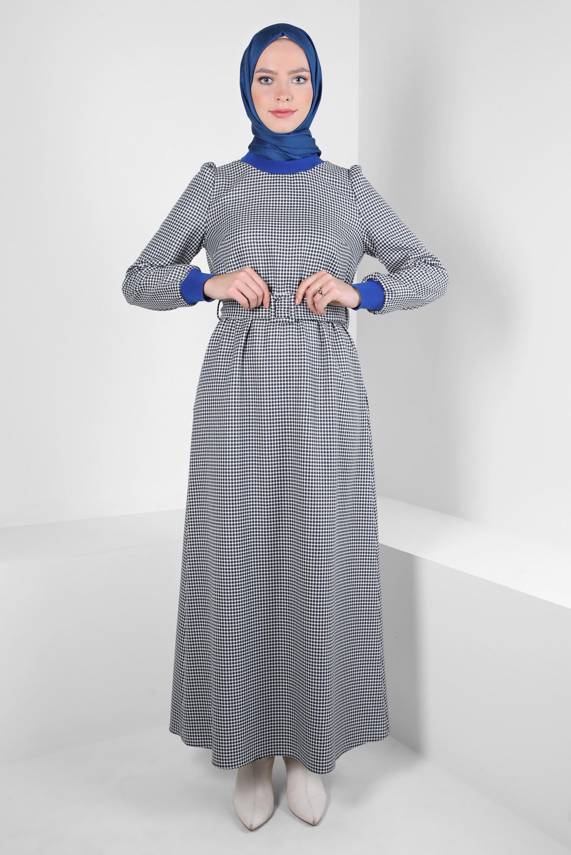 Tesettür giyim LACİVERT KEMERLİ ELBİSE 44332