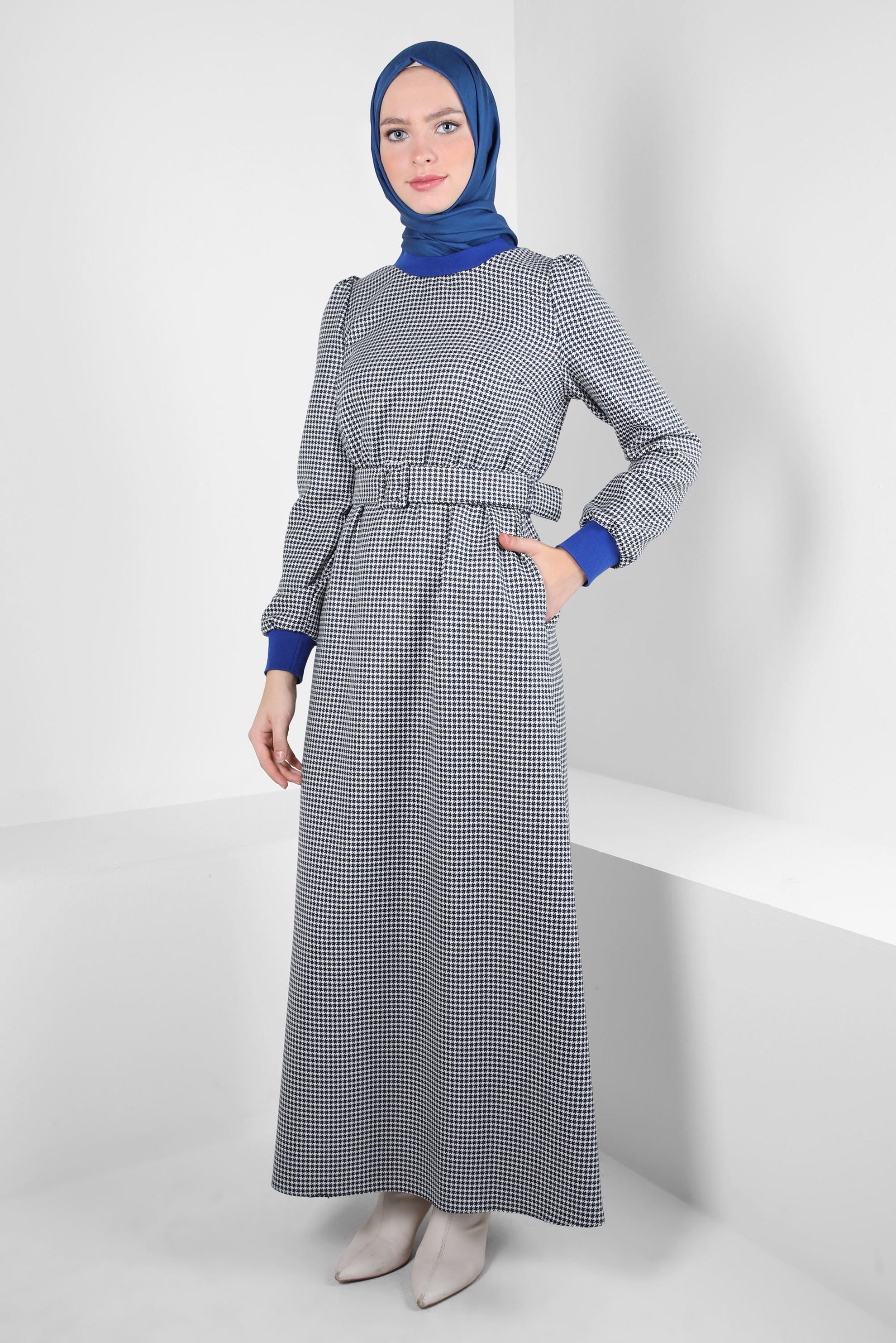 Tesettür giyim LACİVERT KEMERLİ ELBİSE 44332
