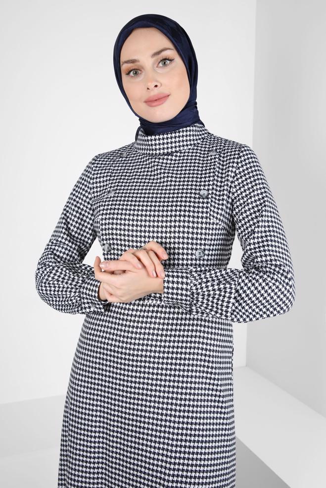 Tesettür giyim LACİVERT KAZAYAĞI DESENLİ KEMERLİ ELBİSE 44345 - ALVİNA