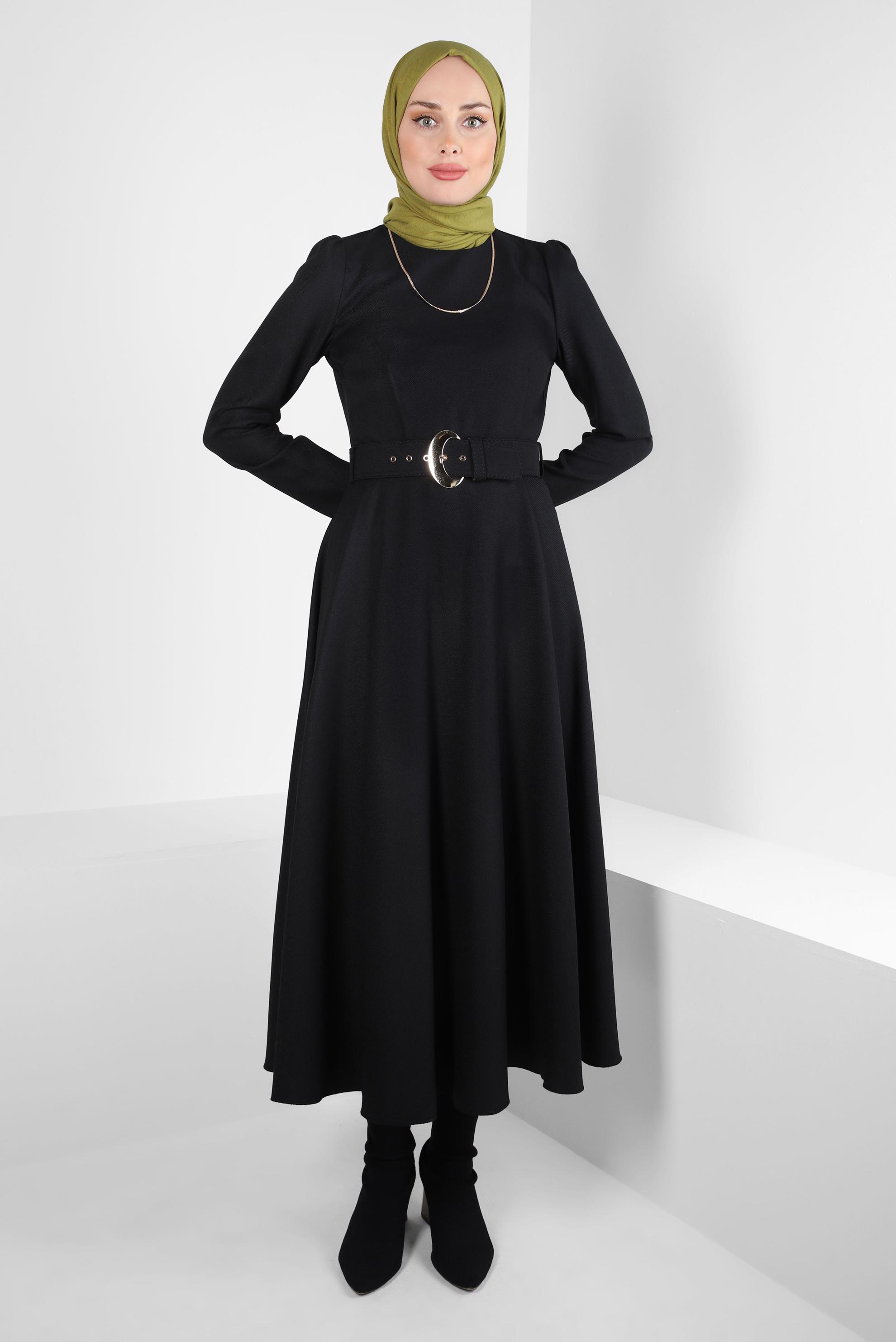 Tesettür giyim SİYAH KEMERLİ ELBİSE 44346