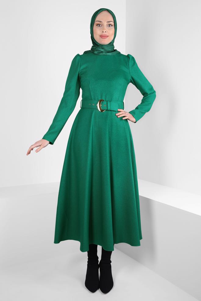 Tesettür giyim YEŞİL KEMERLİ ELBİSE 44346 - ALVİNA