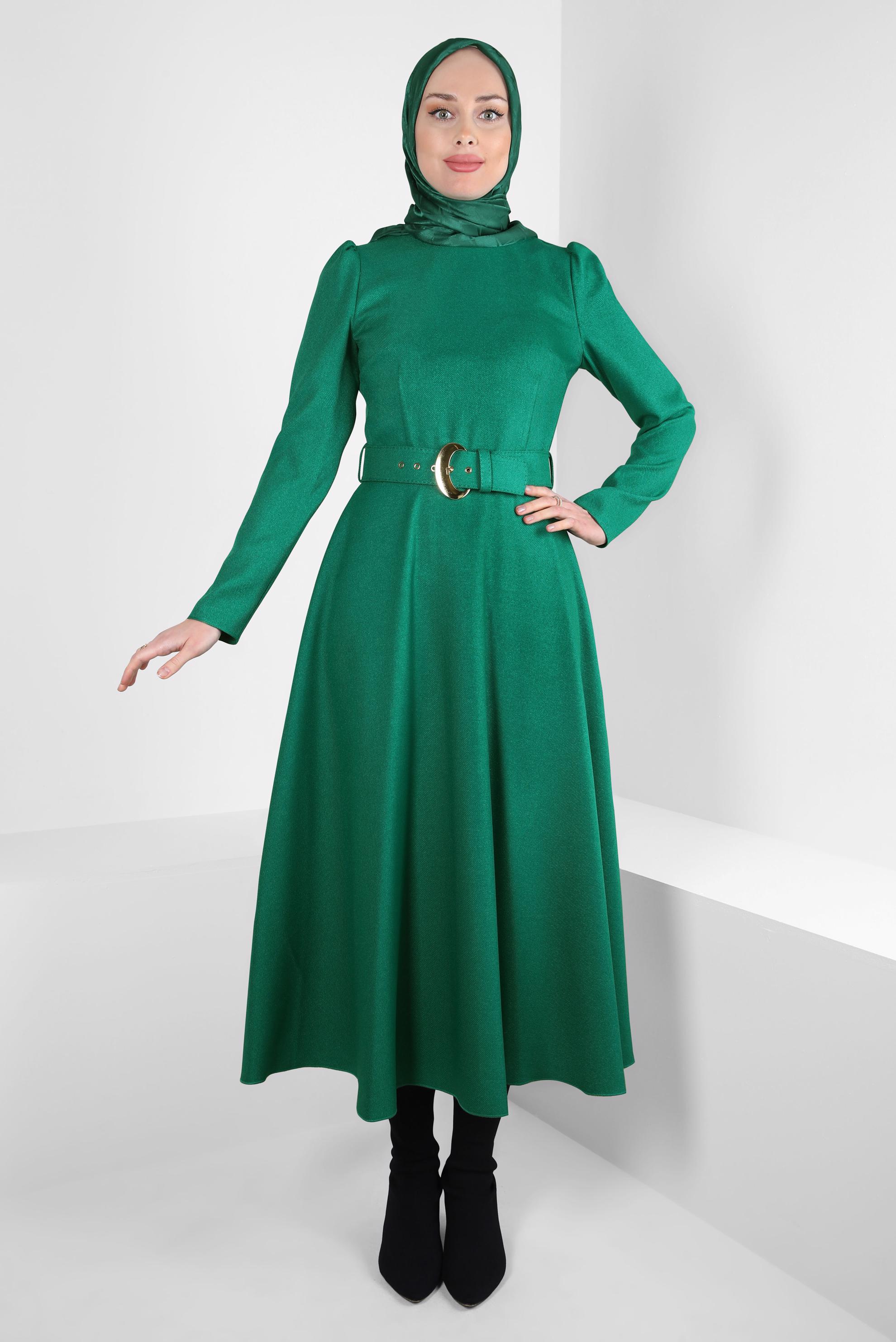 Tesettür giyim YEŞİL KEMERLİ ELBİSE 44346