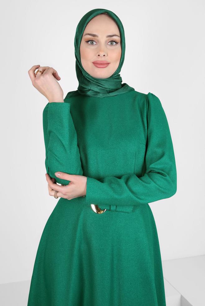 Tesettür giyim YEŞİL KEMERLİ ELBİSE 44346 - ALVİNA