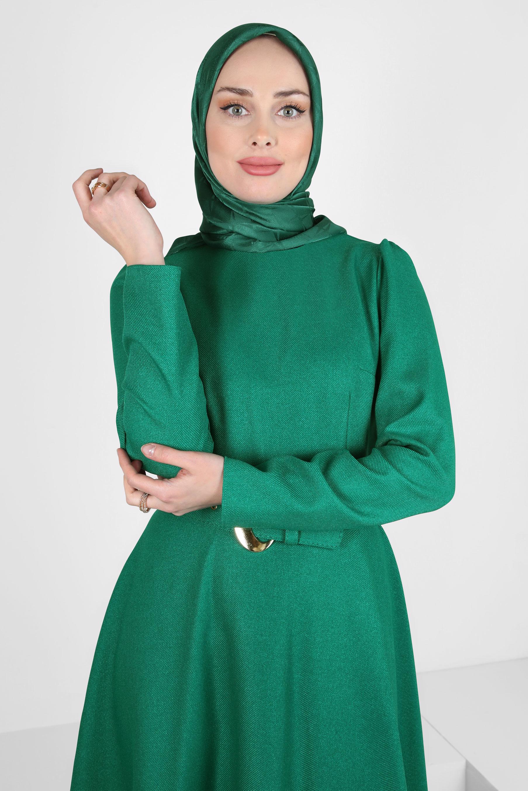 Tesettür giyim YEŞİL KEMERLİ ELBİSE 44346