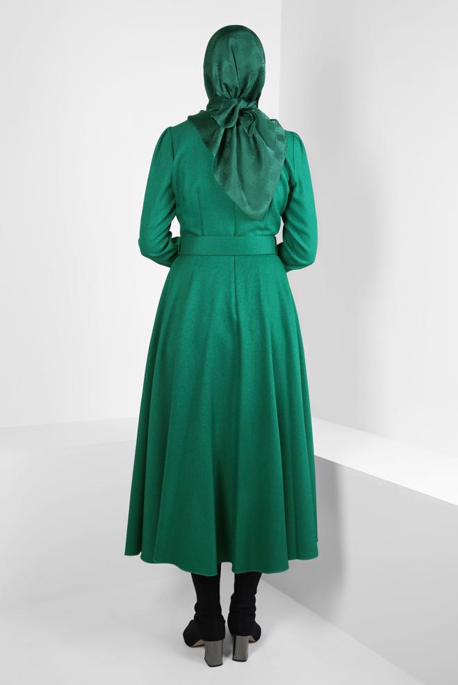 Tesettür giyim YEŞİL KEMERLİ ELBİSE 44346 - ALVİNA