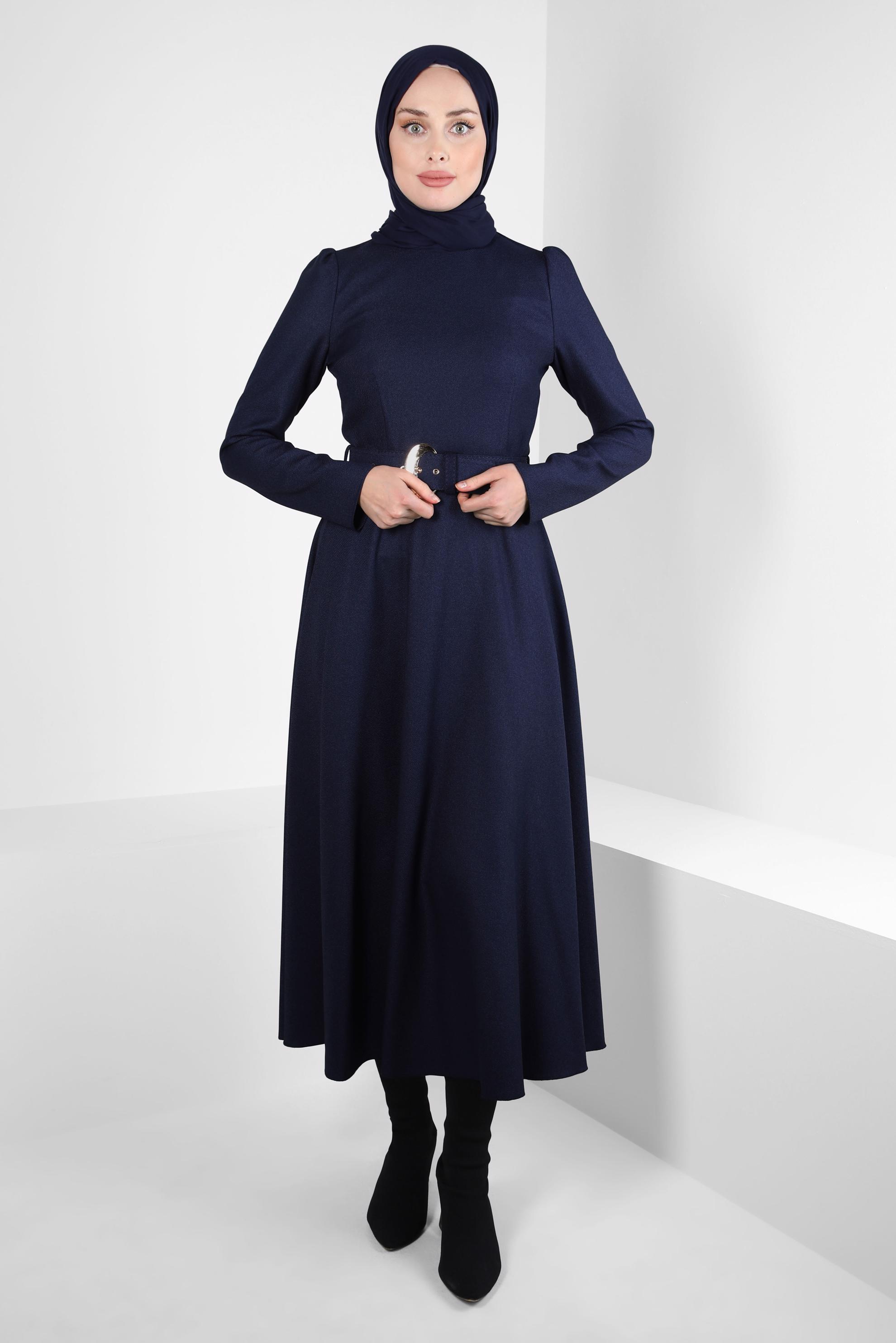 Tesettür giyim LACİVERT KEMERLİ ELBİSE 44346