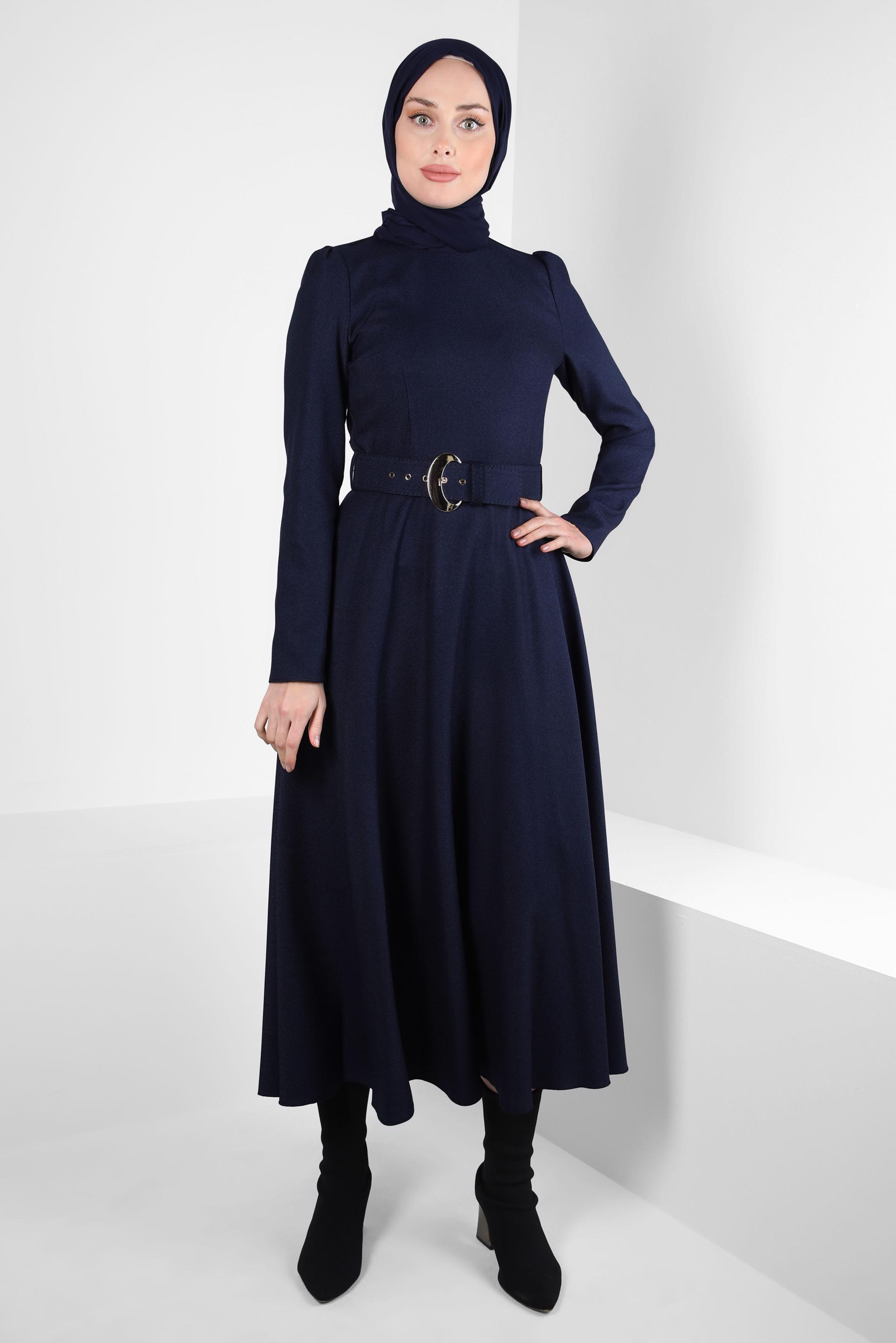 Tesettür giyim LACİVERT KEMERLİ ELBİSE 44346