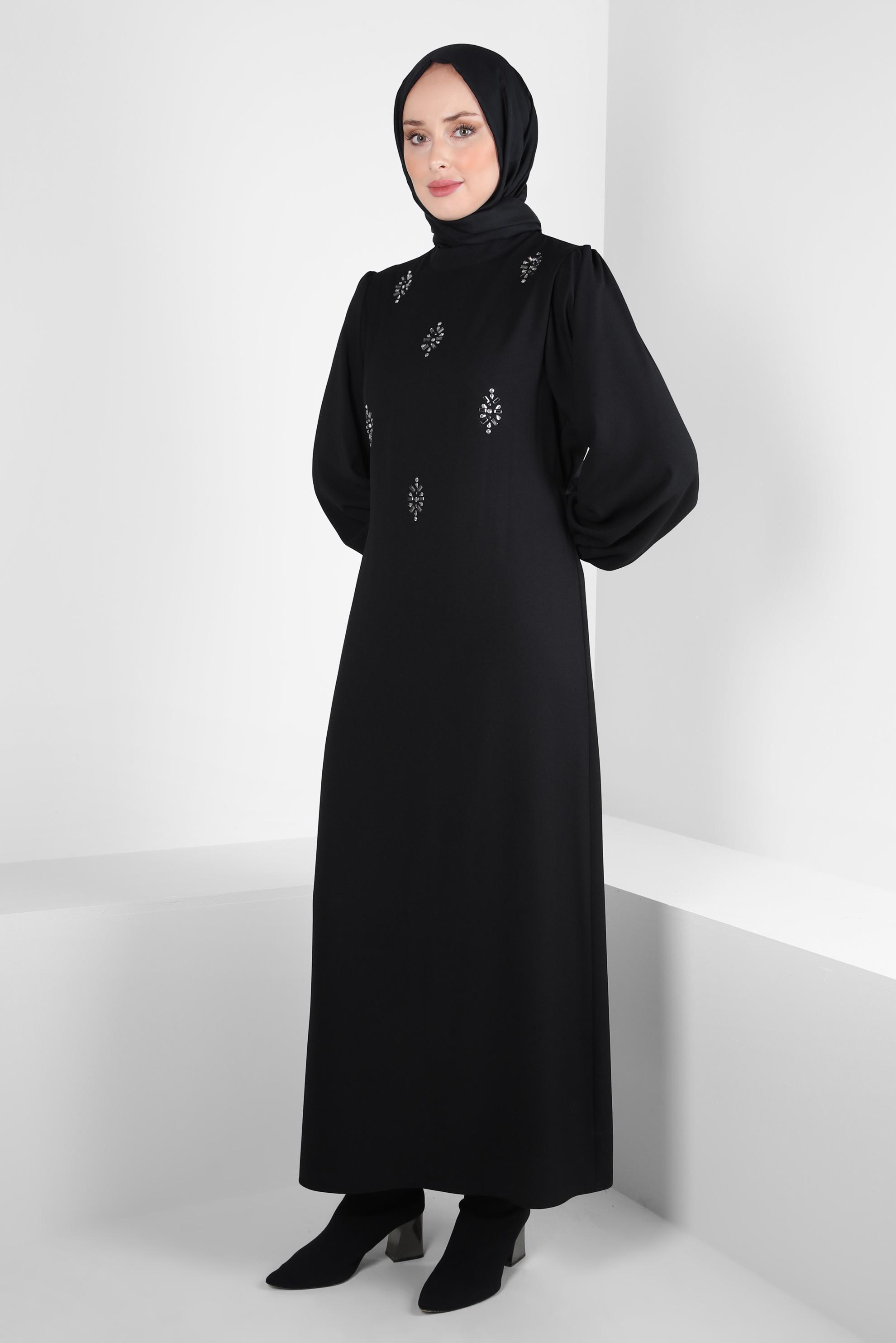 Hijab clothing BLACK BELTED DRESS WITH GEM DETAIL 44356-1
