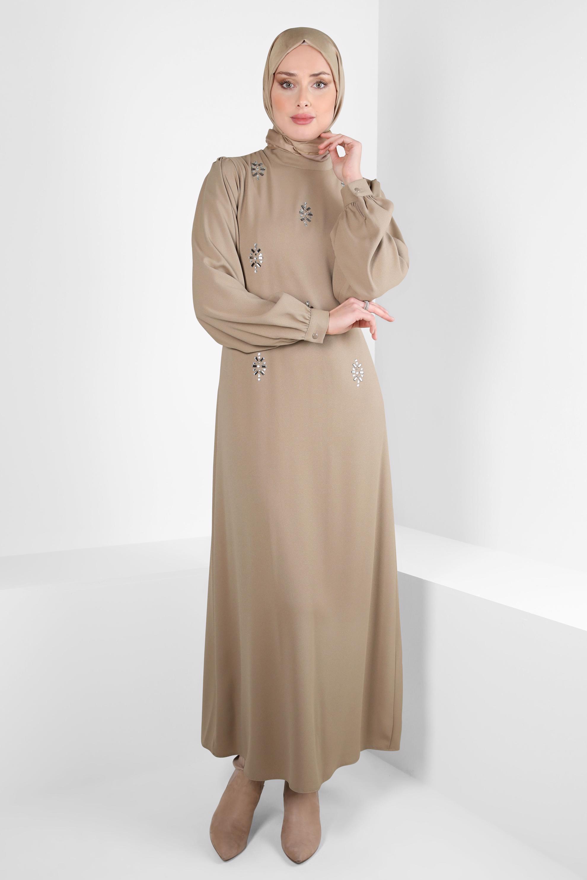 Hijab clothing BEIGE BELTED DRESS WITH GEM DETAIL 44356-1