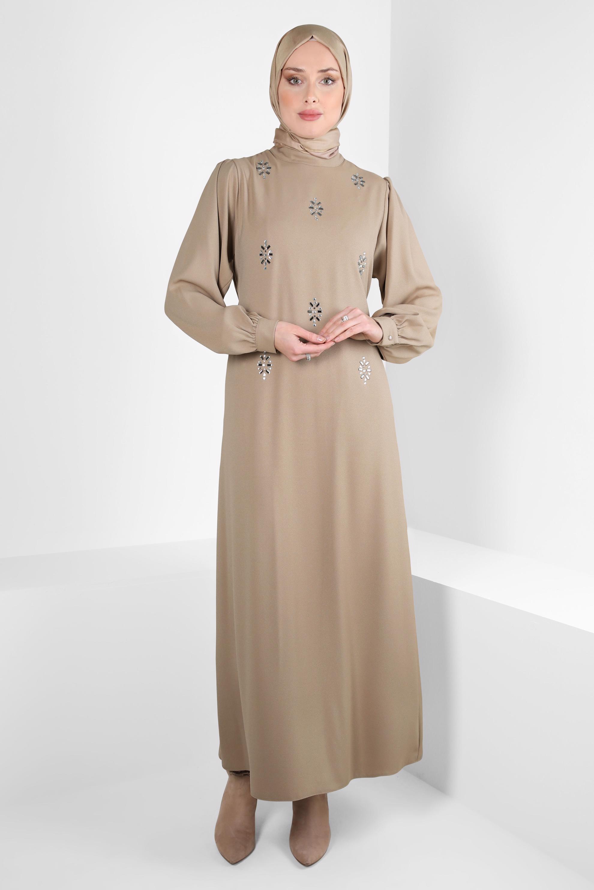 Hijab clothing BEIGE BELTED DRESS WITH GEM DETAIL 44356-1