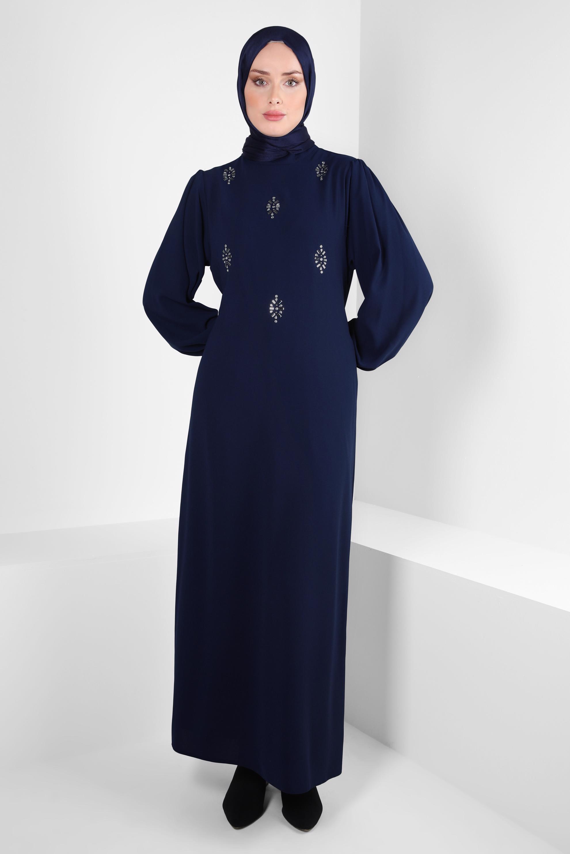 Hijab clothing NAVY BLUE BELTED DRESS WITH GEM DETAIL 44356